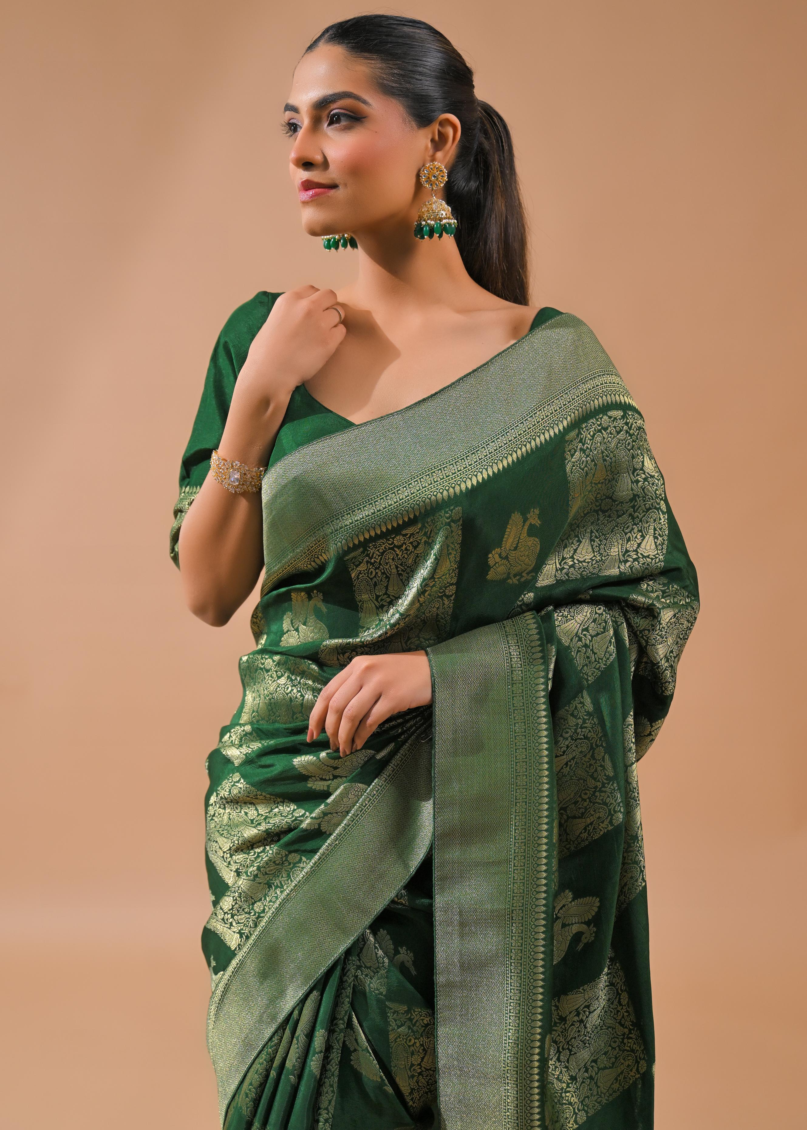 Deep Green Embroidered Dola Silk Saree