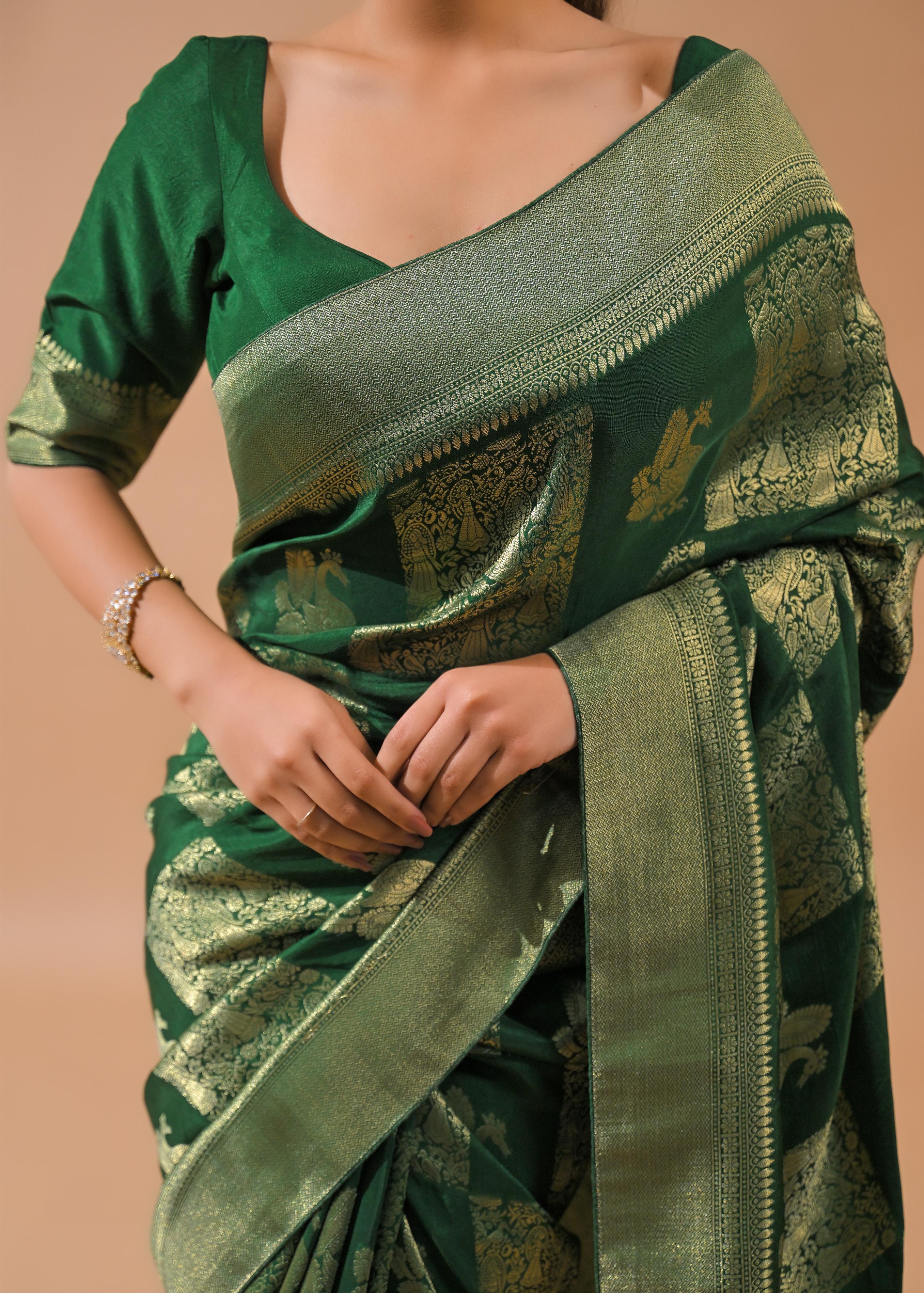 Deep Green Embroidered Dola Silk Saree