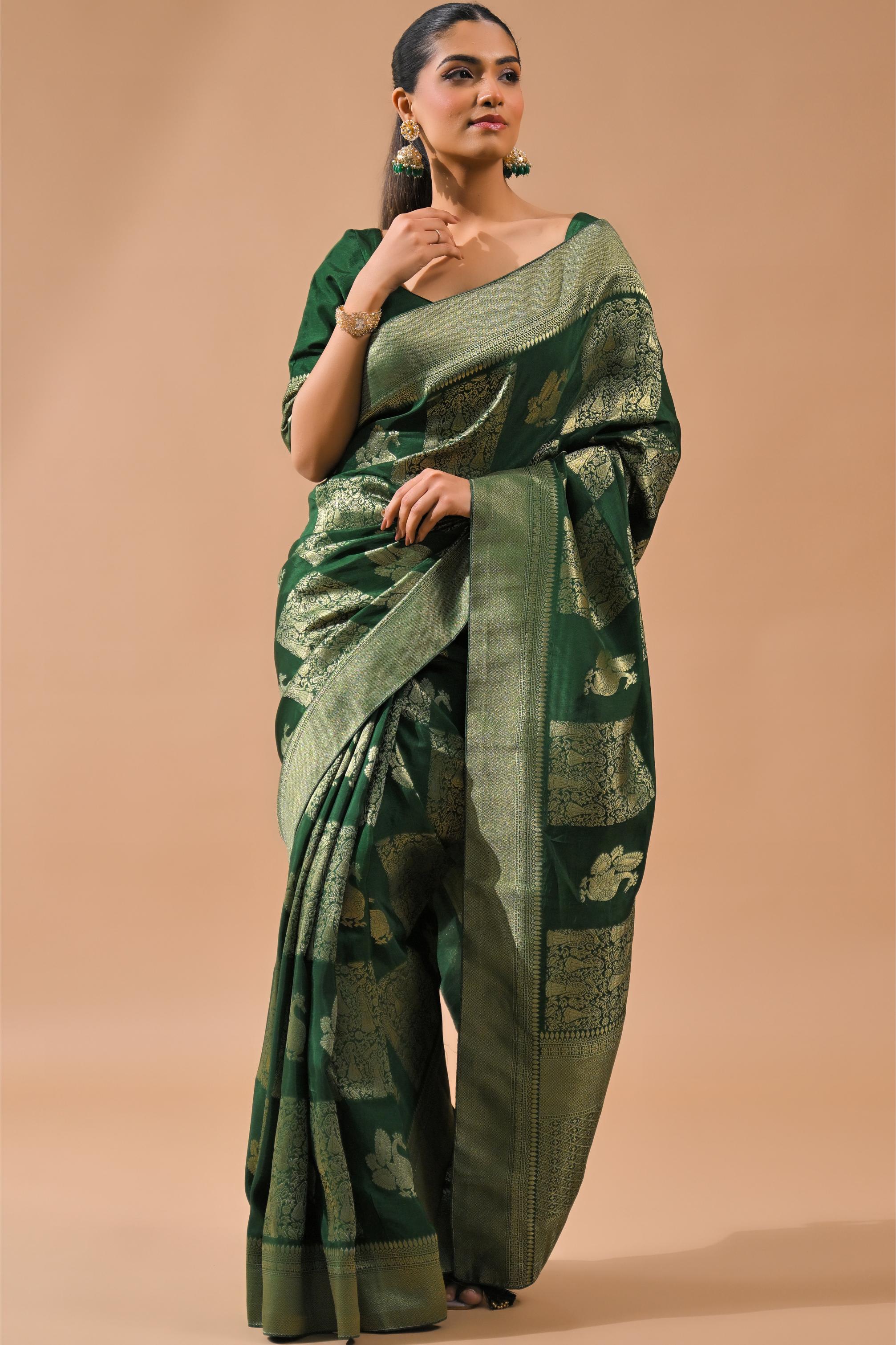 Deep Green Embroidered Dola Silk Saree