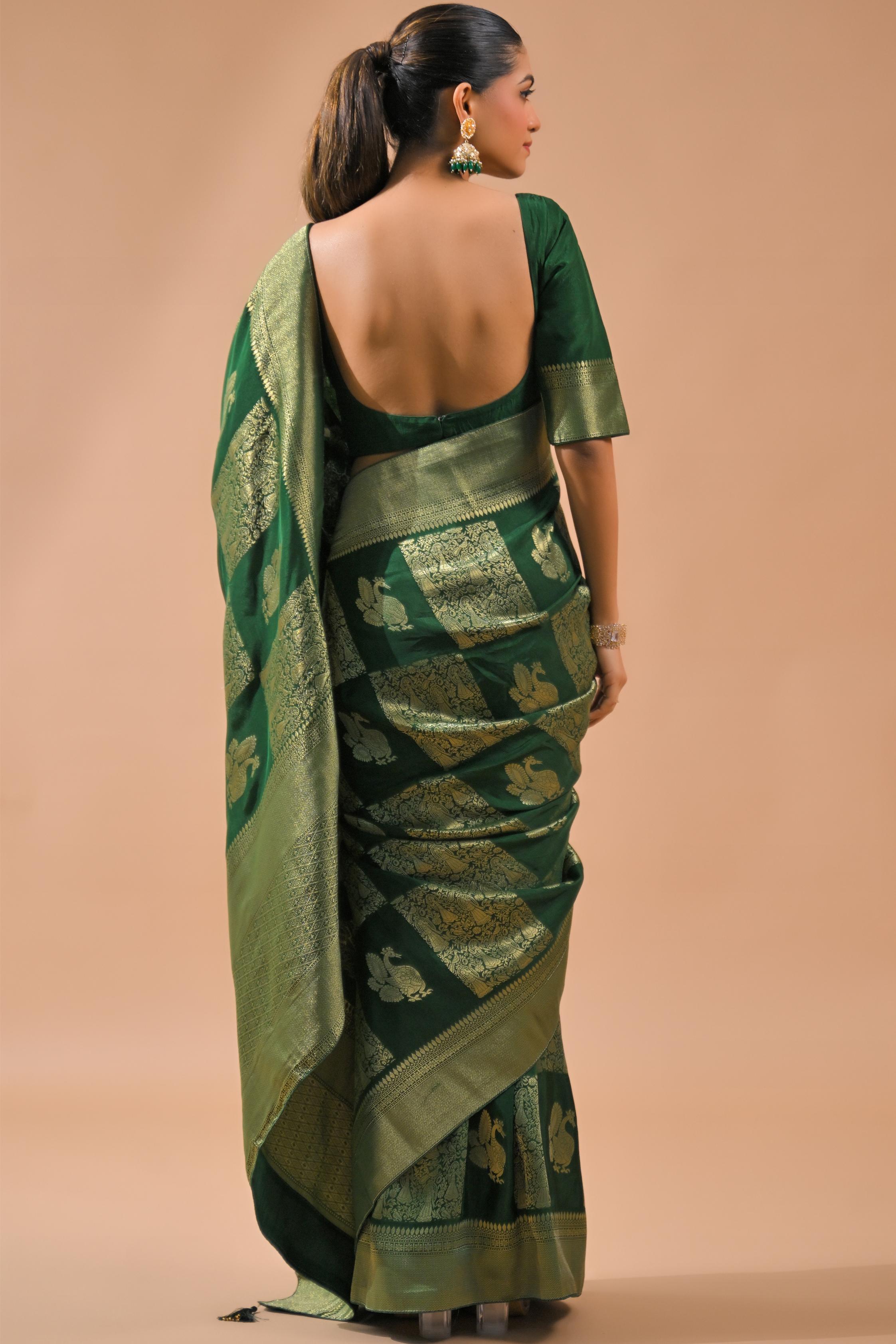 Deep Green Embroidered Dola Silk Saree