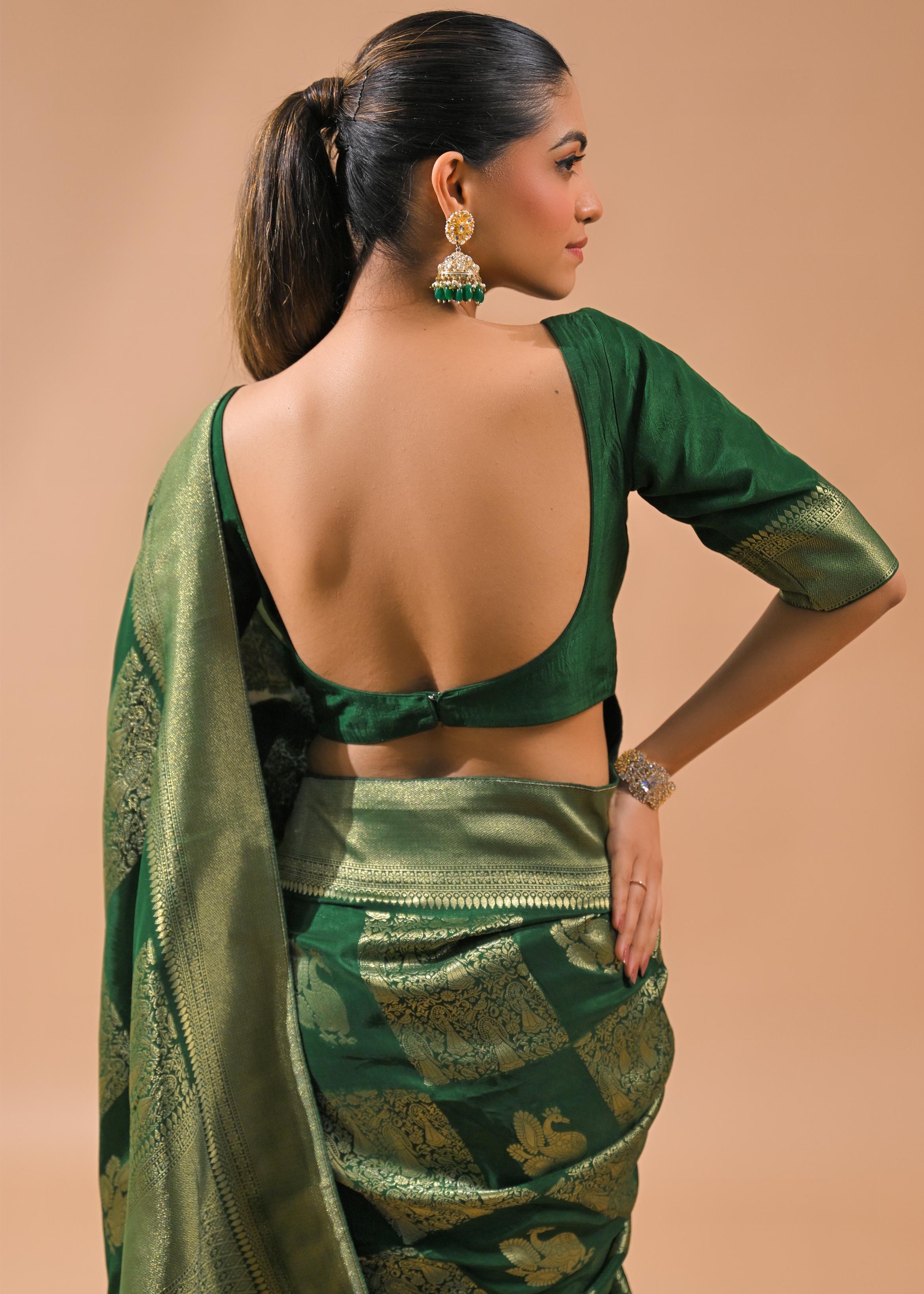 Deep Green Embroidered Dola Silk Saree