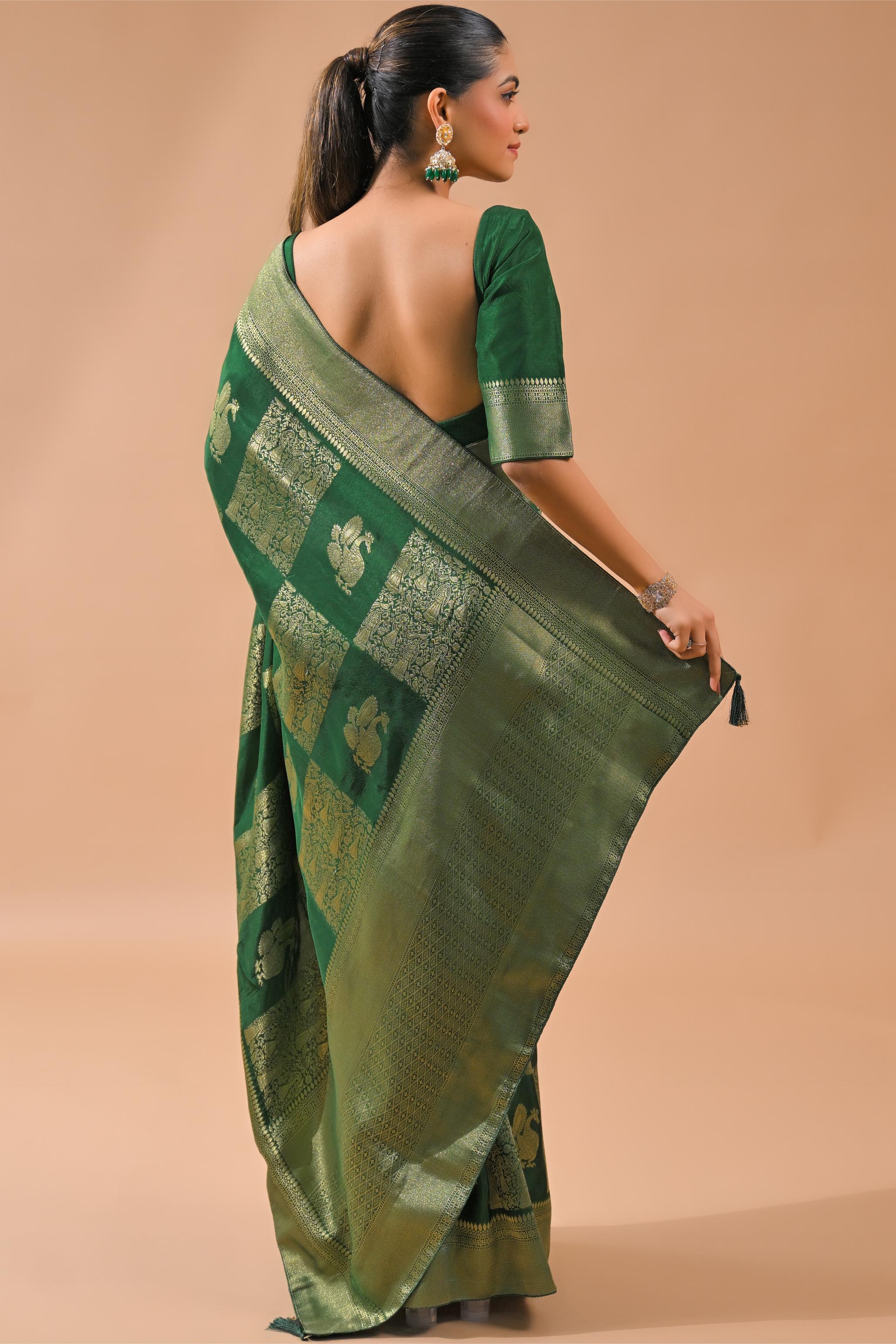 Deep Green Embroidered Dola Silk Saree