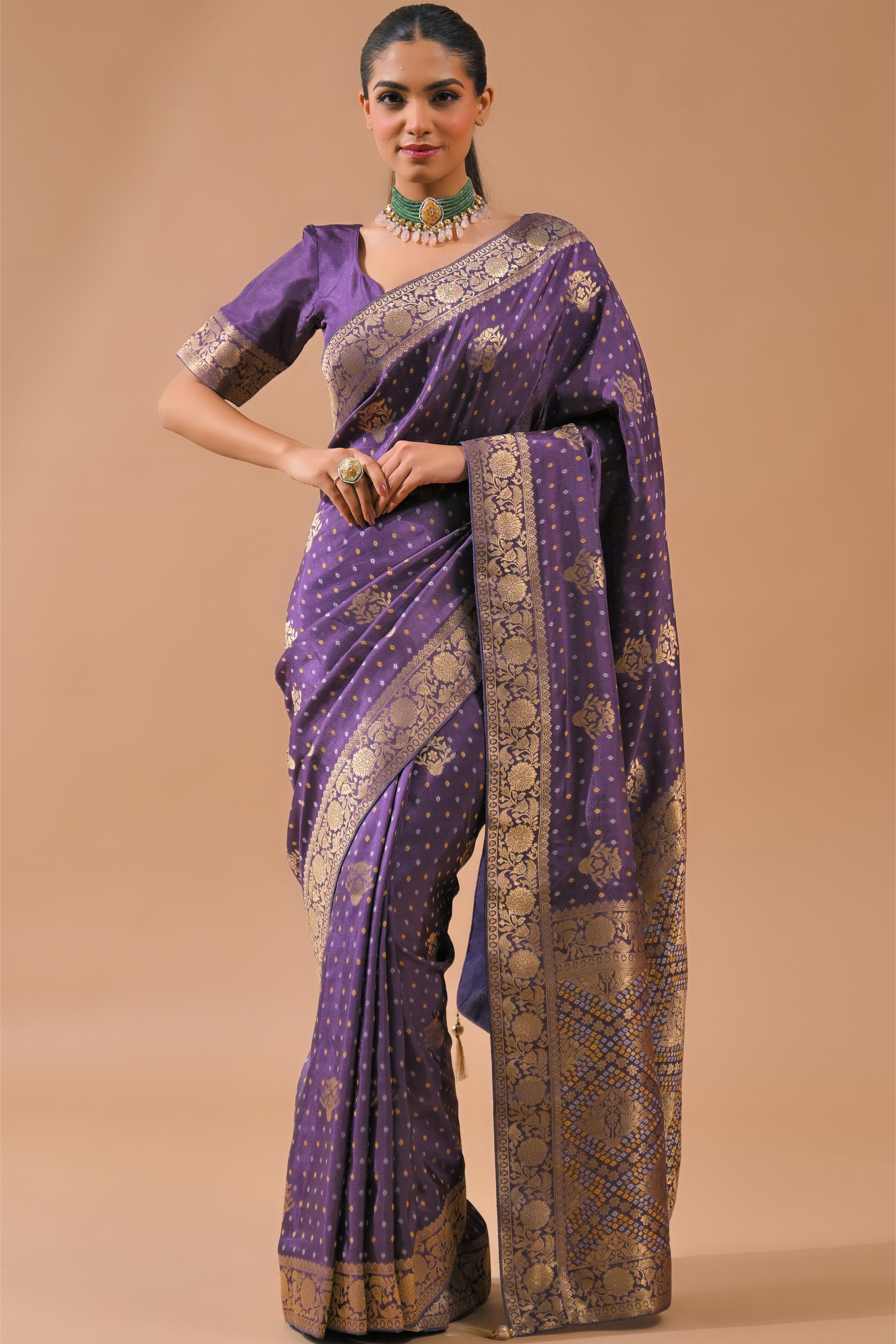 Light Purple Bandhej Printed Silk Saree