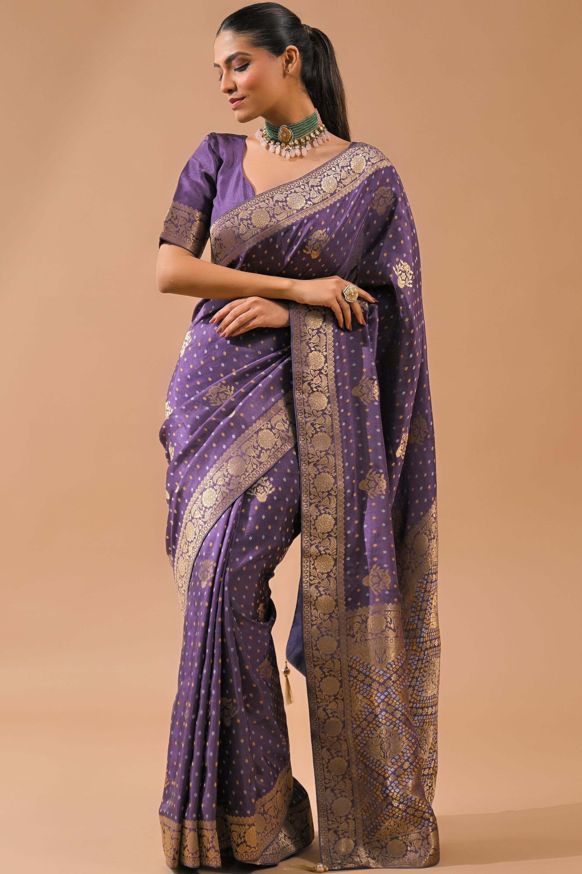 Light Purple Bandhej Printed Silk Saree