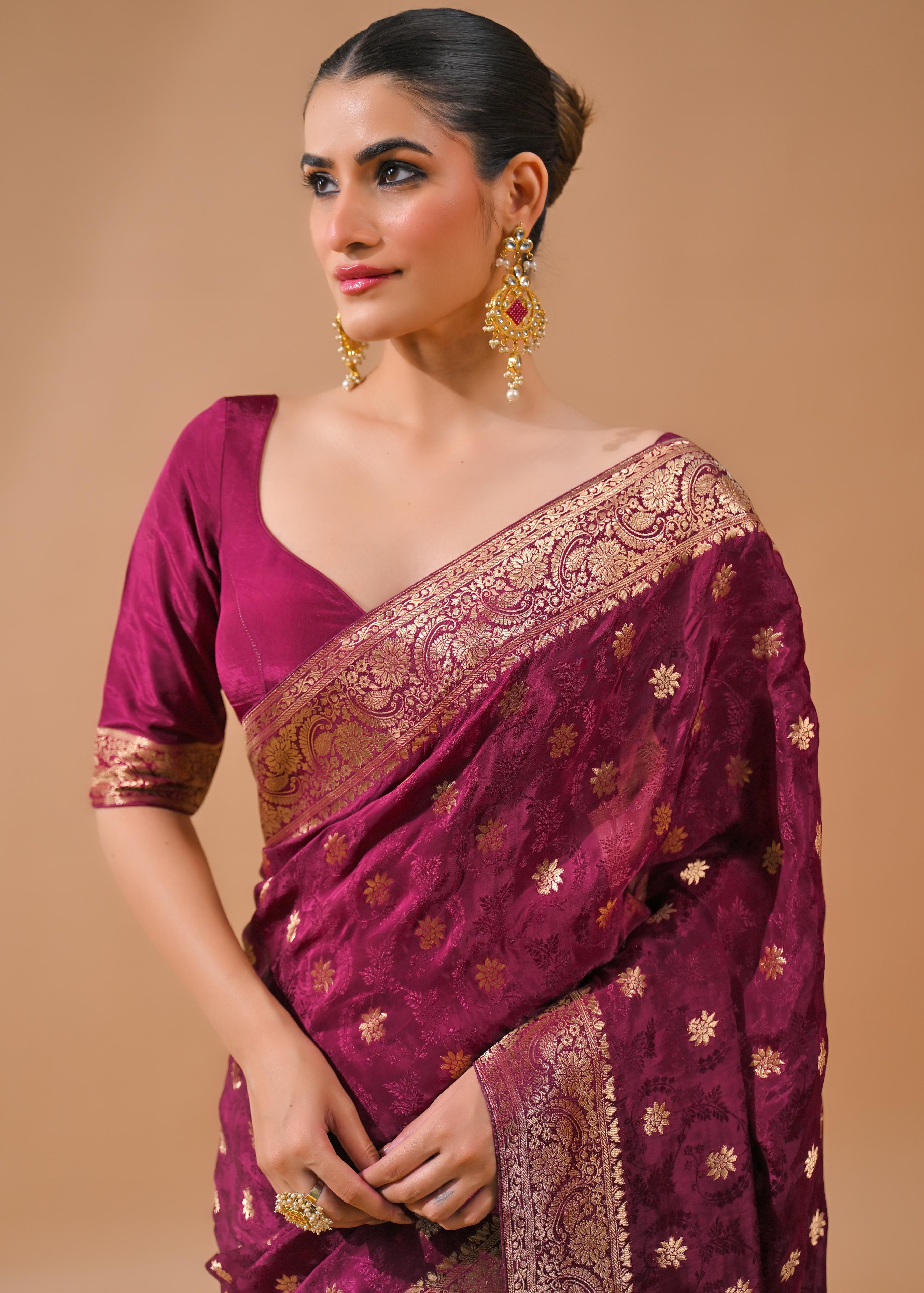 Deep Magenta Embroidered Silk Saree