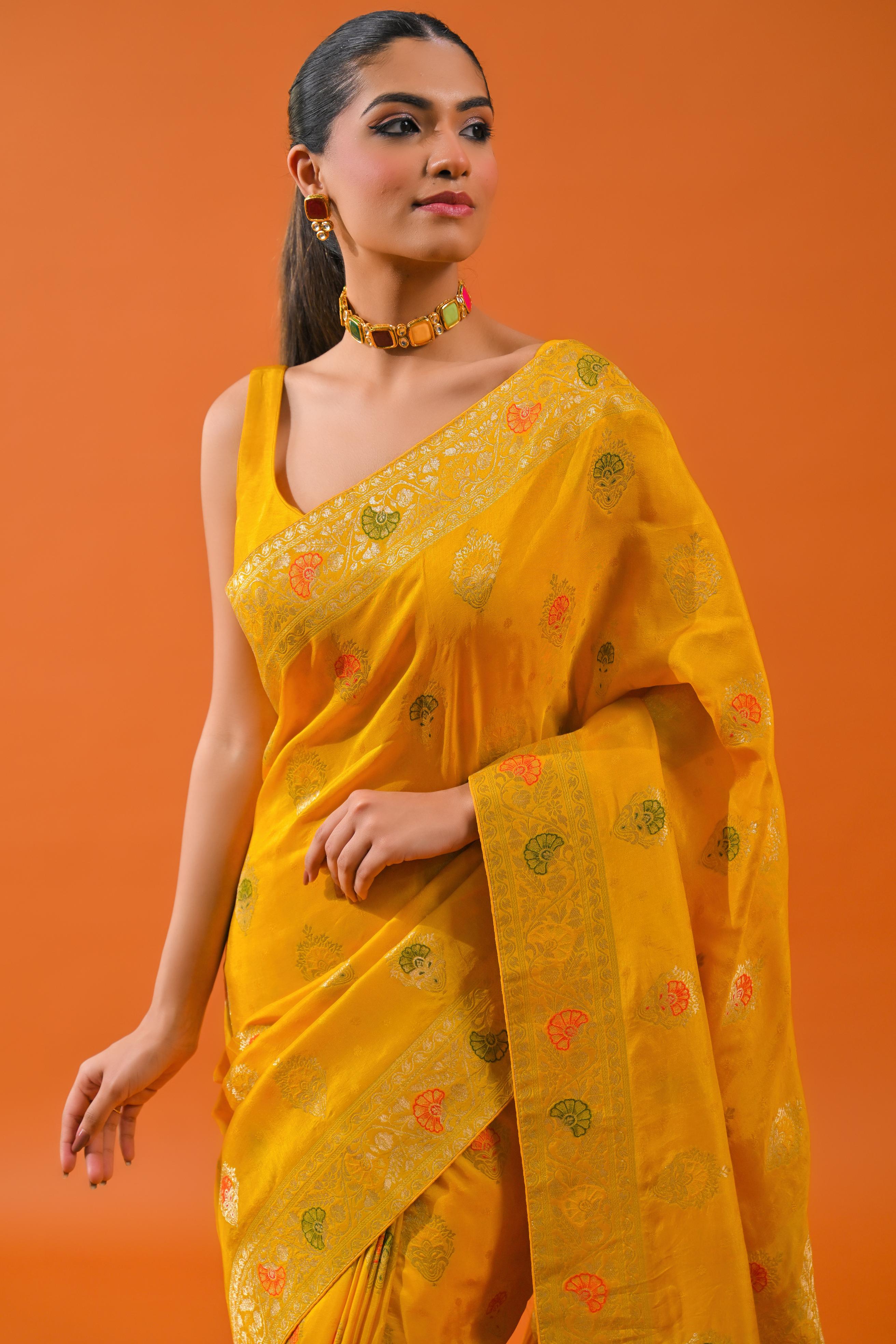 Yellow Embroidered Dola Silk Saree