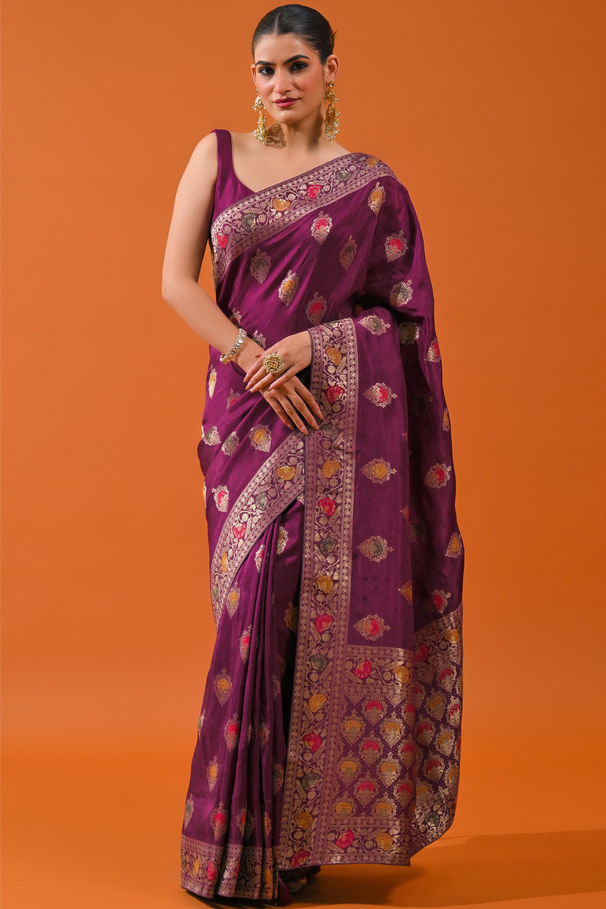 Wine Embroidered Dola Silk Saree