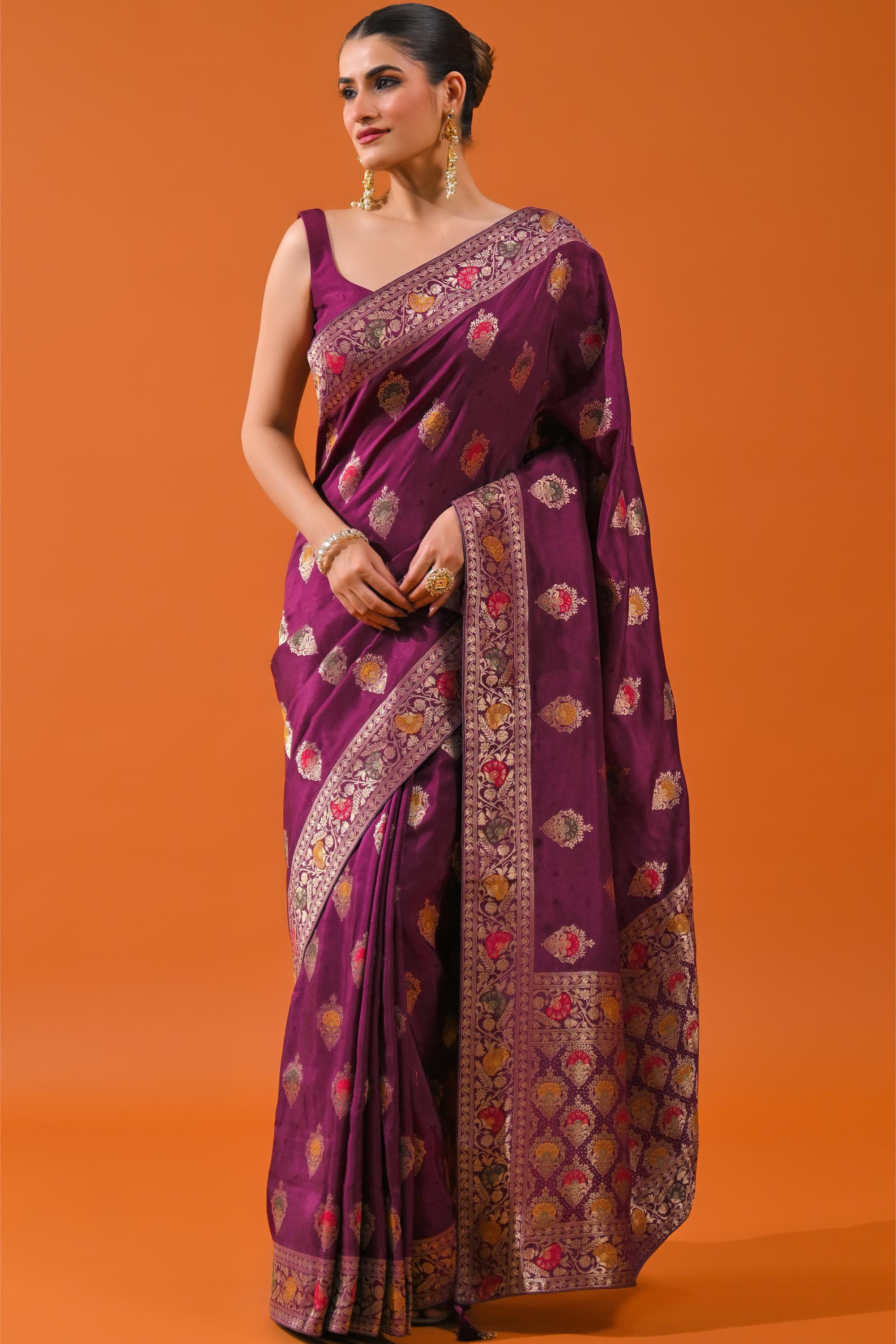 Wine Embroidered Dola Silk Saree