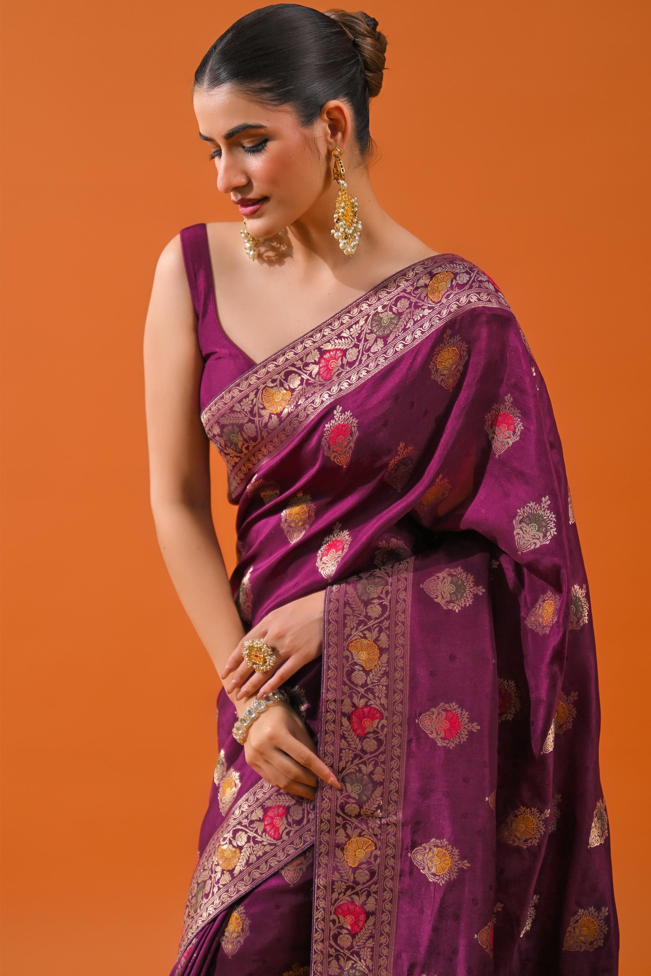 Wine Embroidered Dola Silk Saree