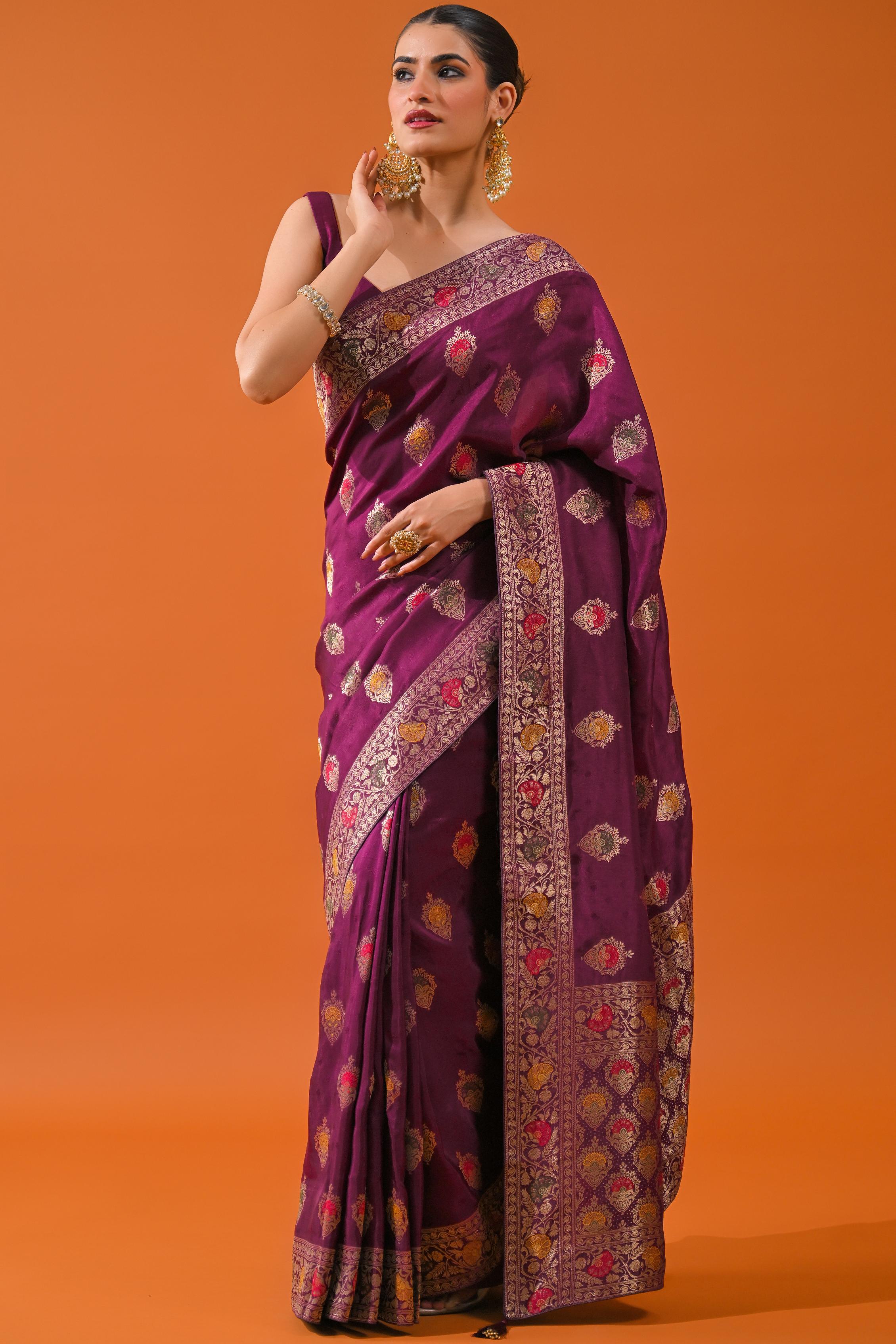 Wine Embroidered Dola Silk Saree