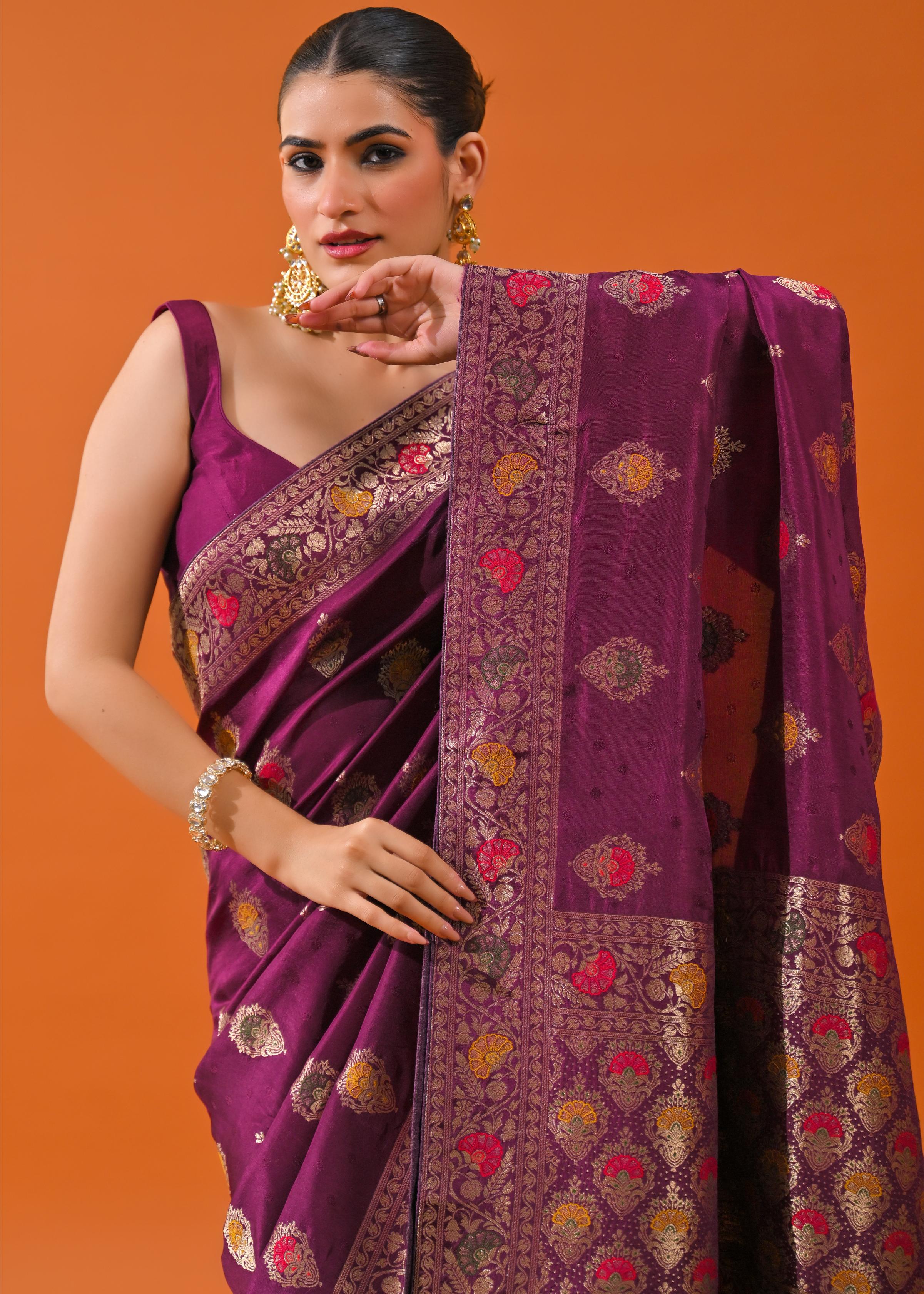 Wine Embroidered Dola Silk Saree