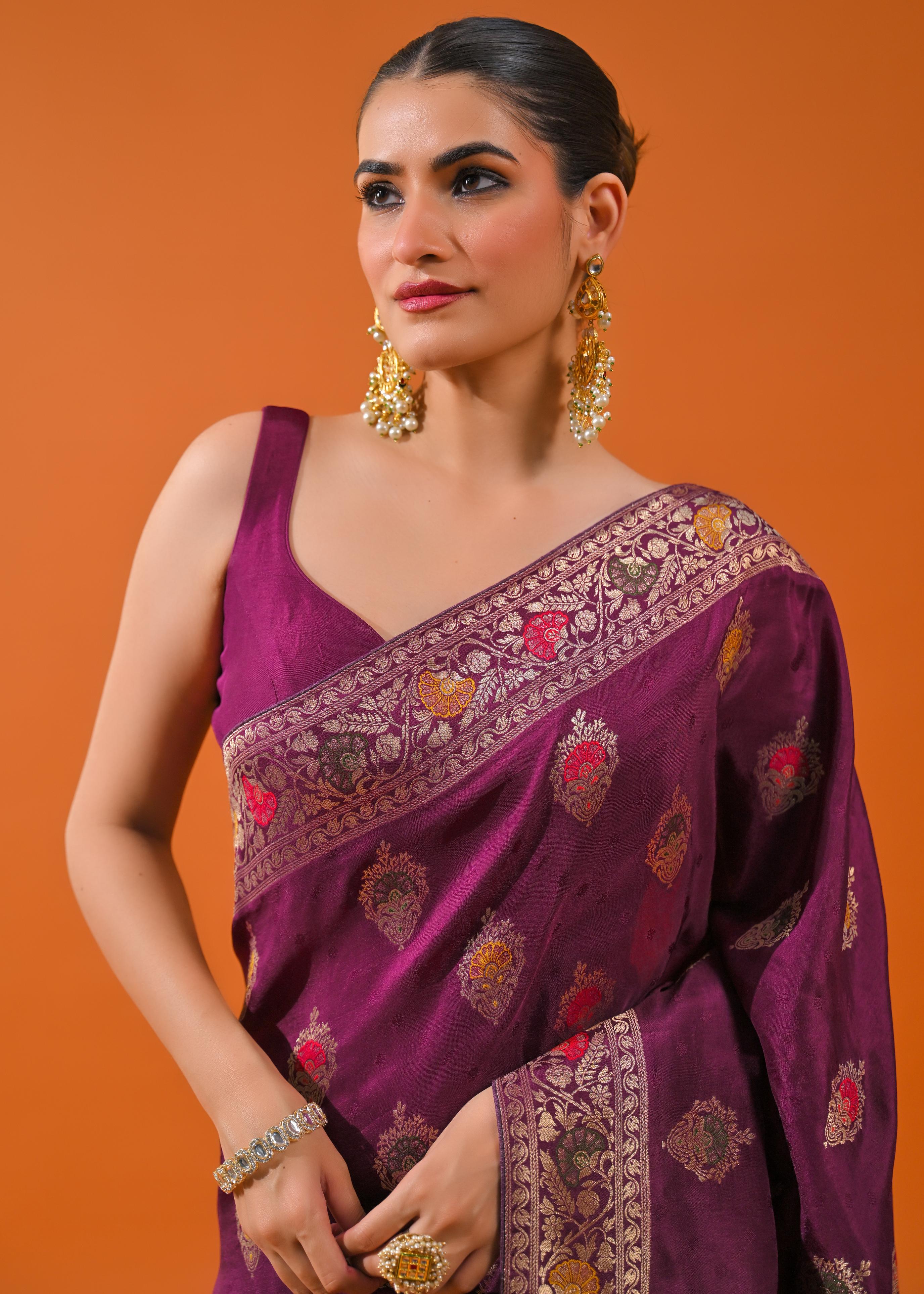 Wine Embroidered Dola Silk Saree