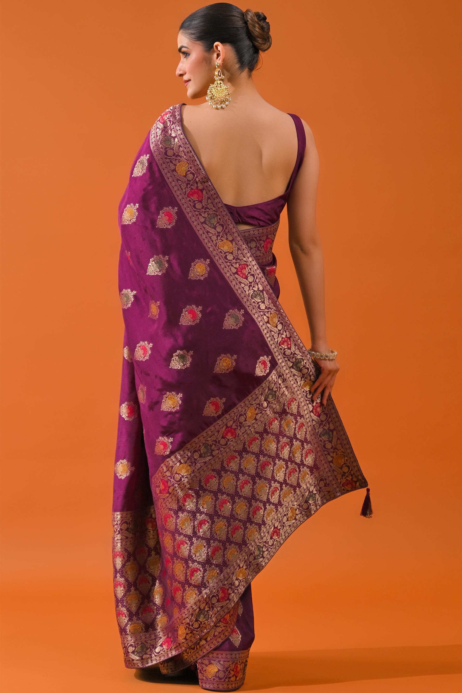 Wine Embroidered Dola Silk Saree