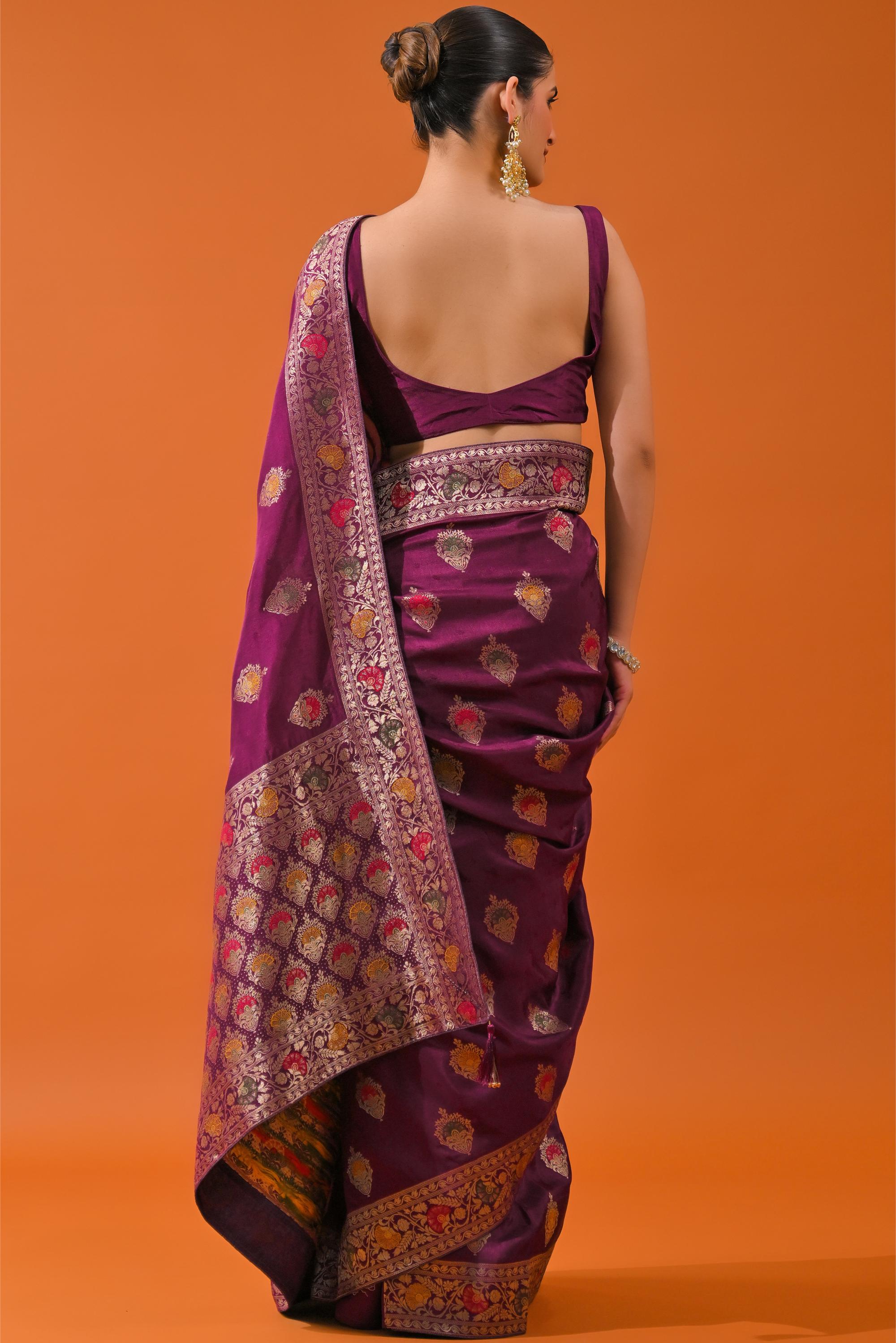 Wine Embroidered Dola Silk Saree