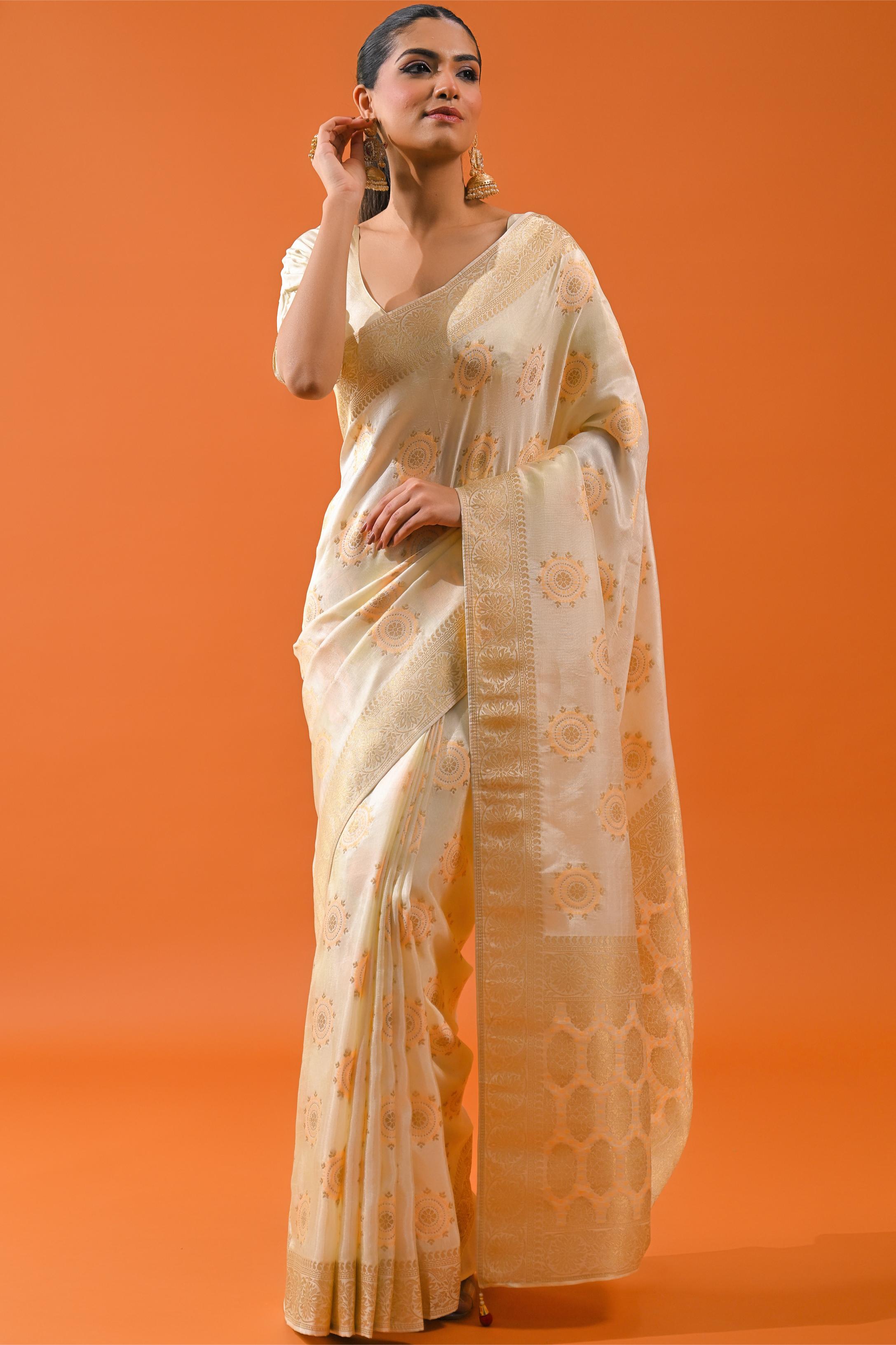 Bright Cream Embroidered Dola Silk Saree