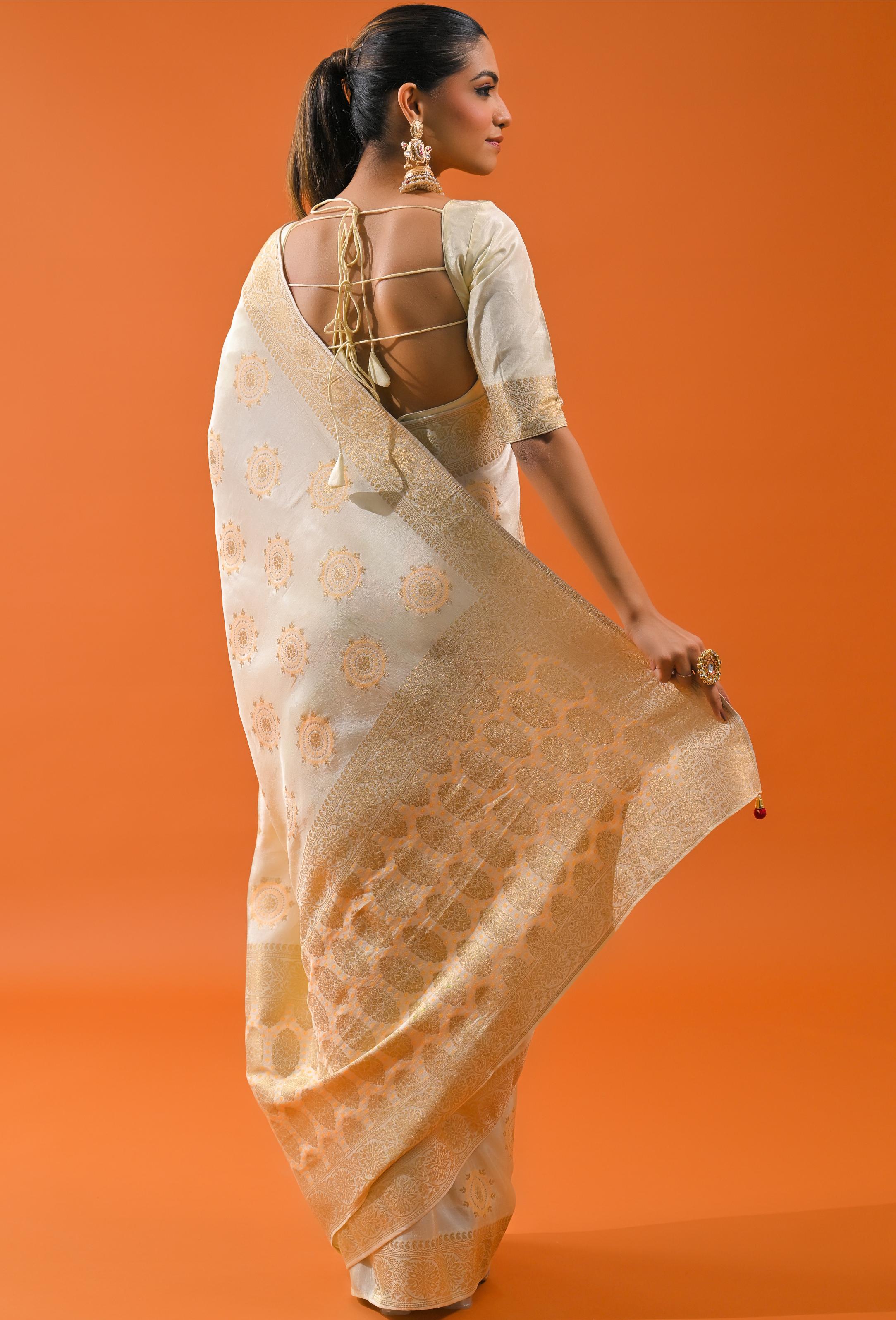 Bright Cream Embroidered Dola Silk Saree