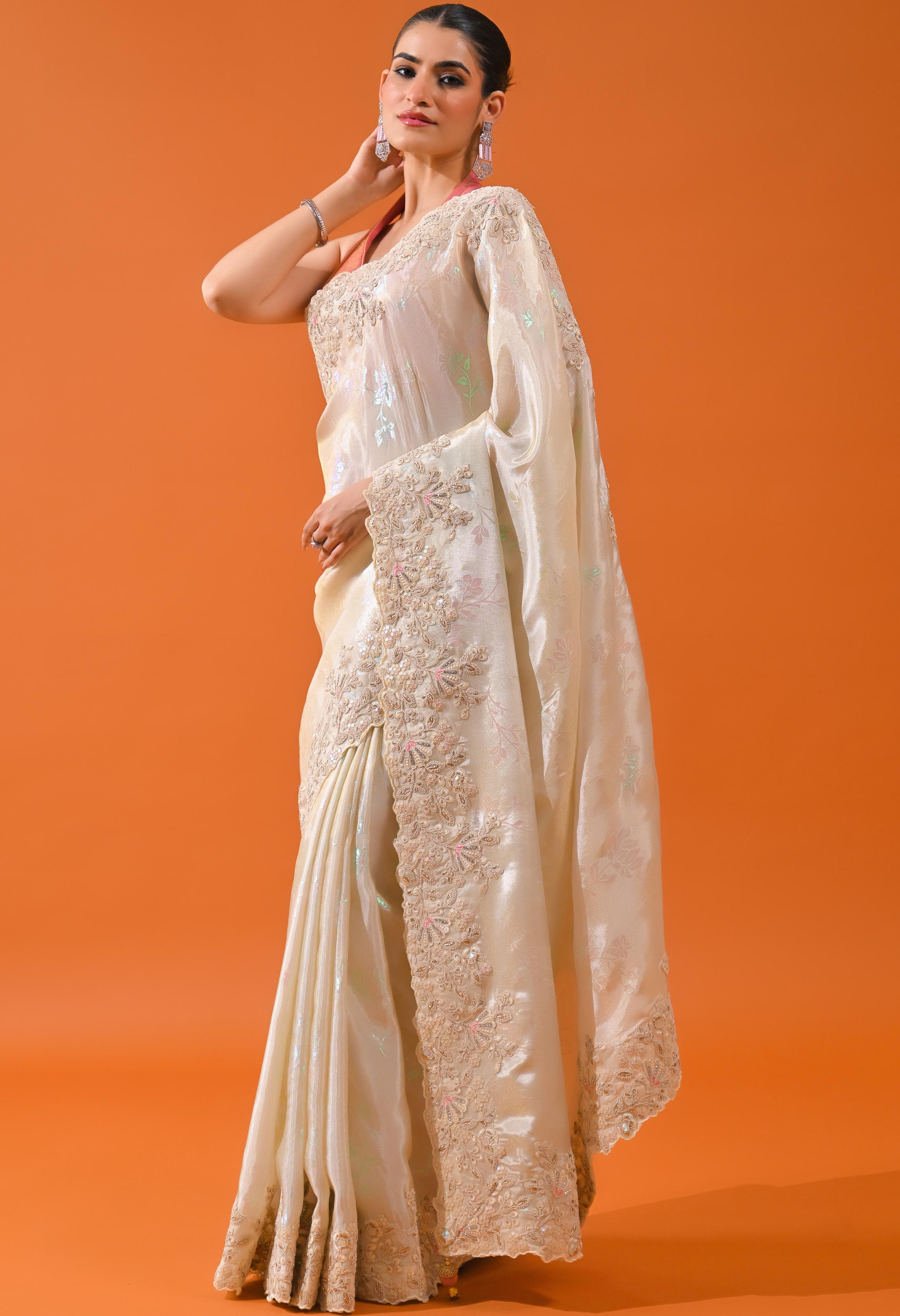 Ivory Embroidered Cosmo Tissue Silk Saree