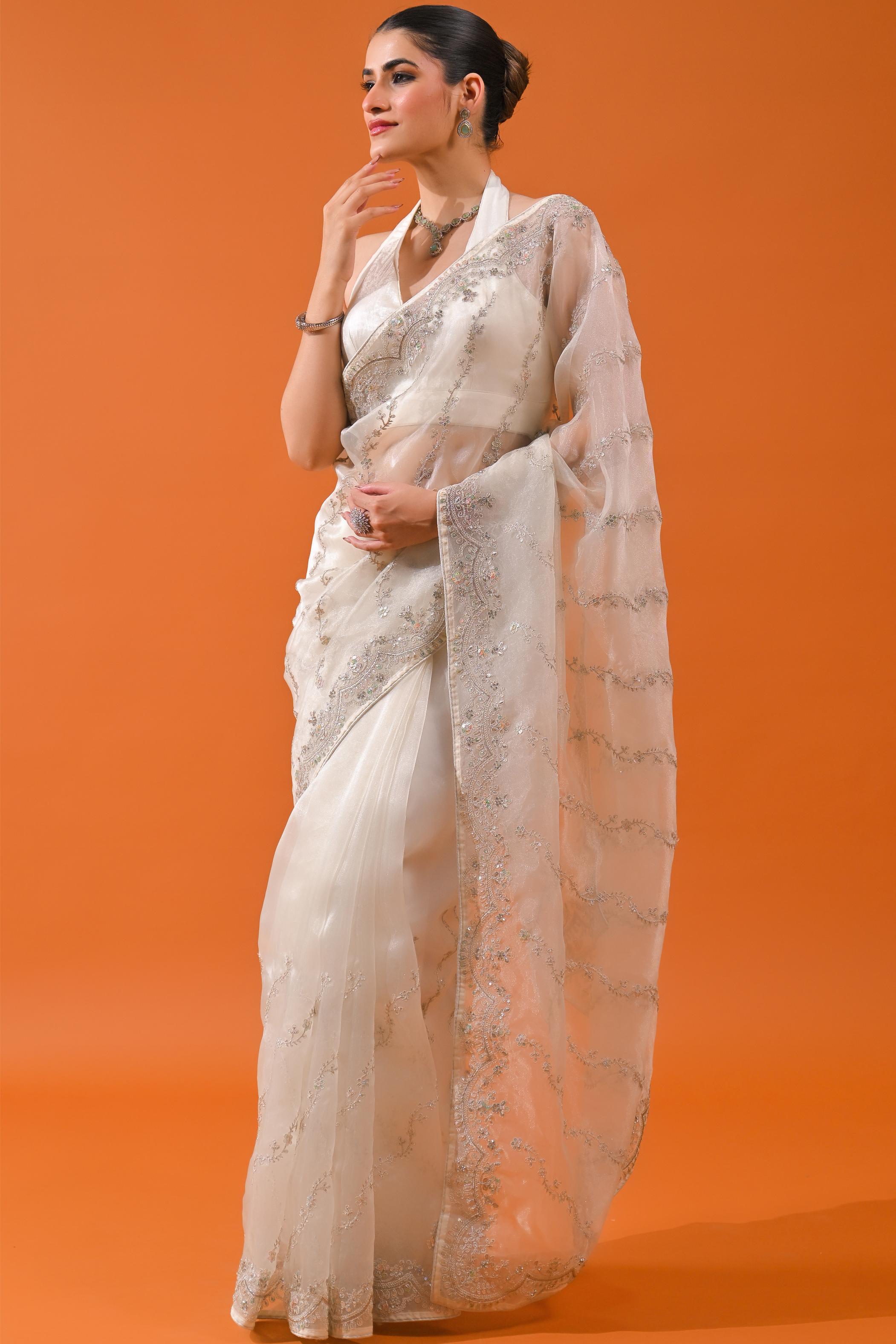 Pearl White Net Organza Tissue Silk Saree