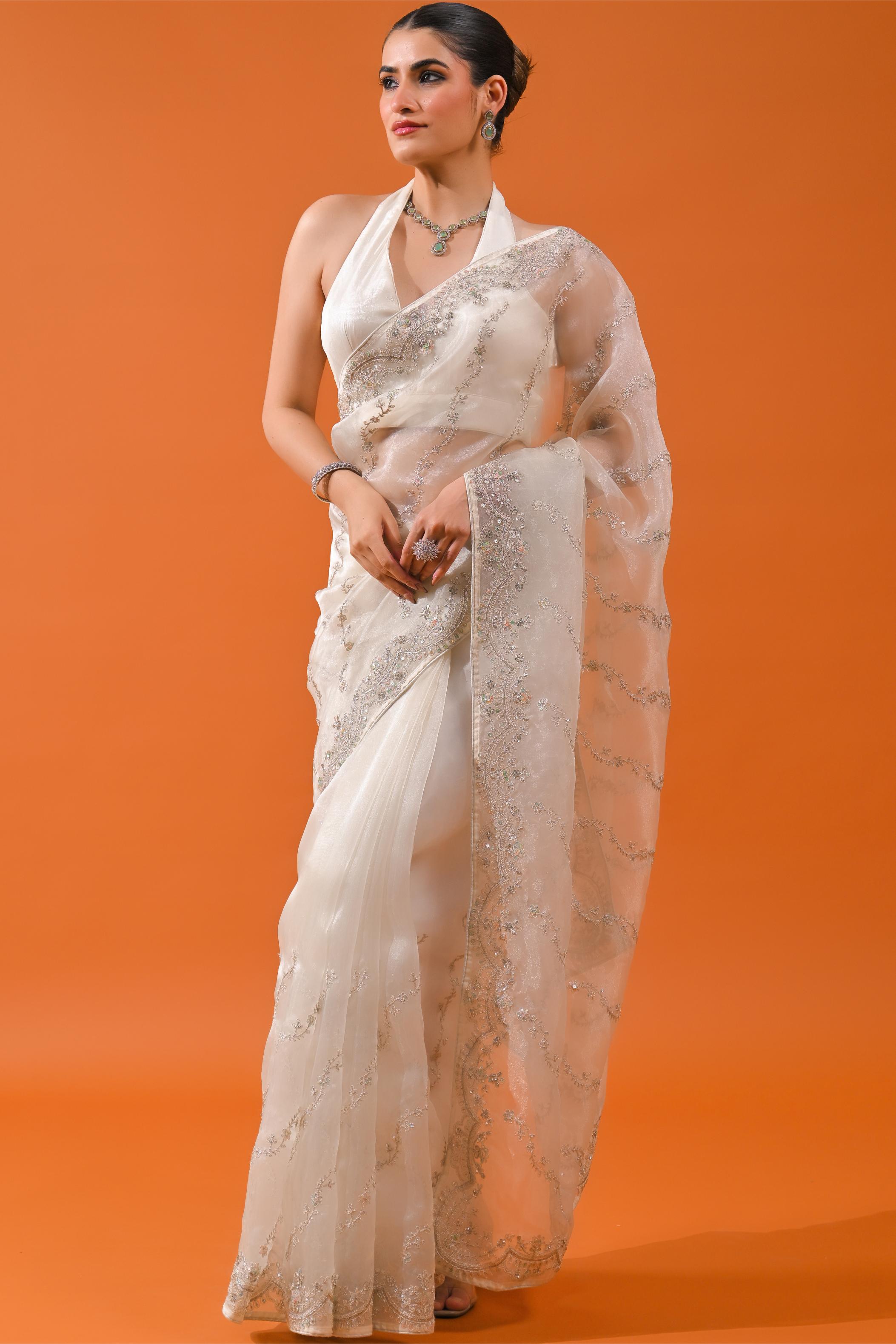 Pearl White Net Organza Tissue Silk Saree