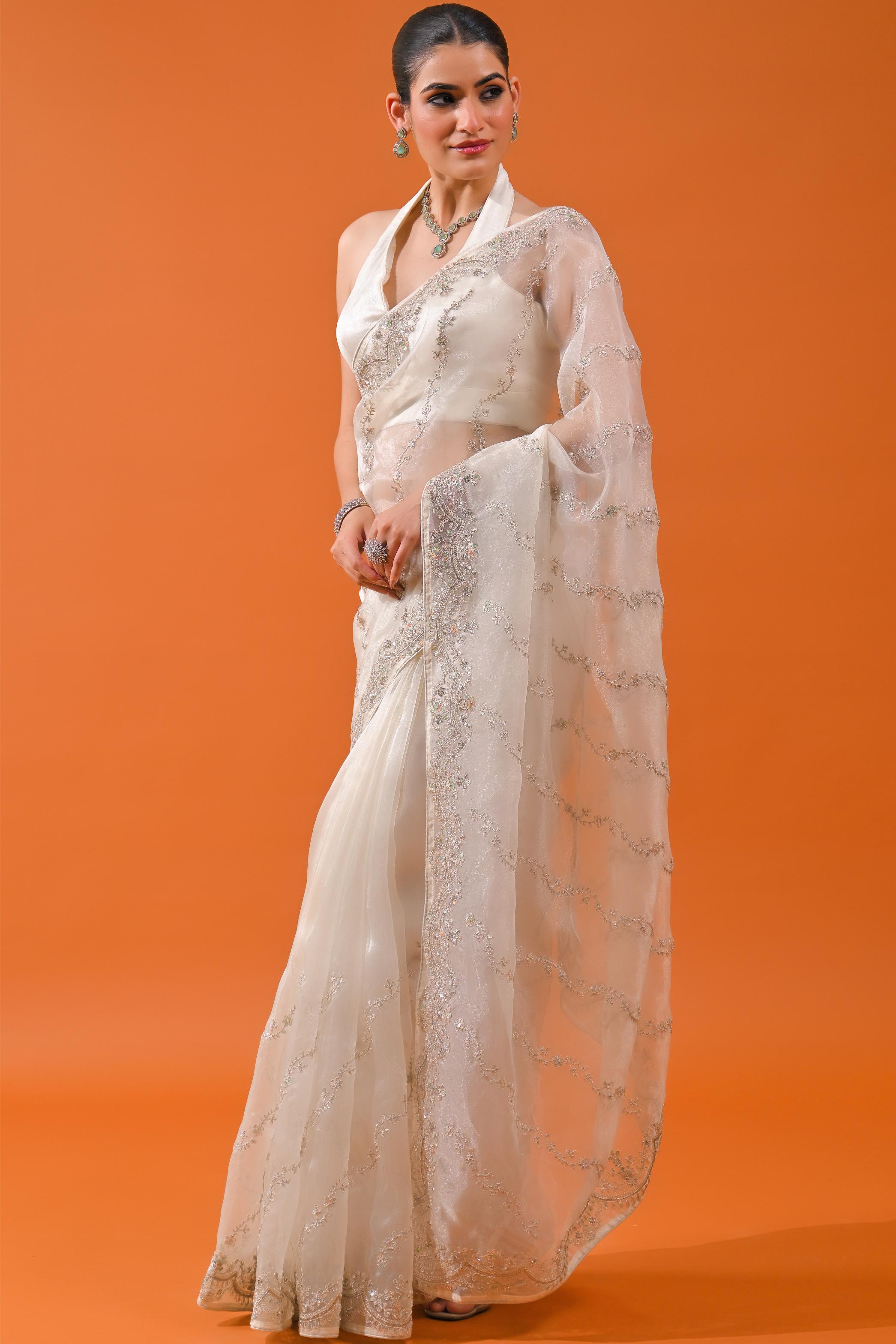 Pearl White Net Organza Tissue Silk Saree