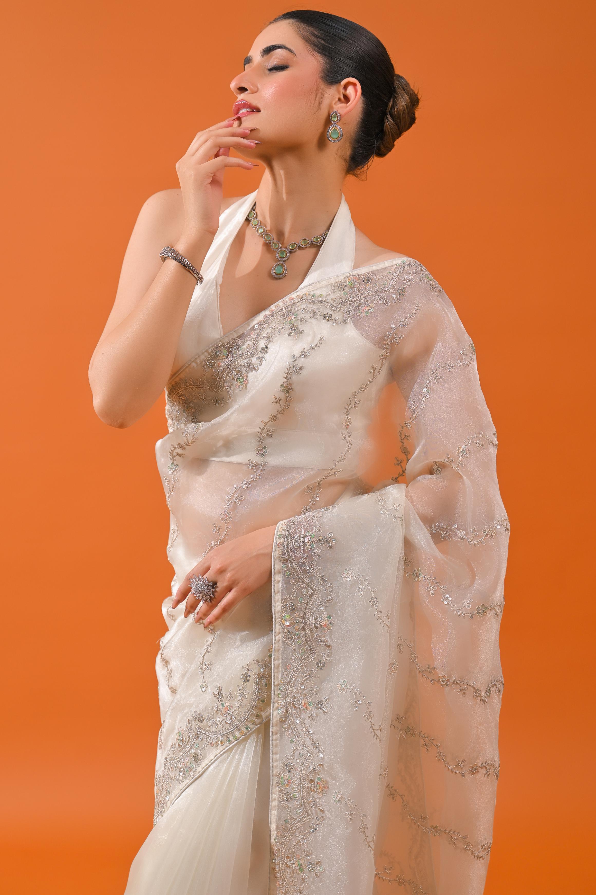 Pearl White Net Organza Tissue Silk Saree