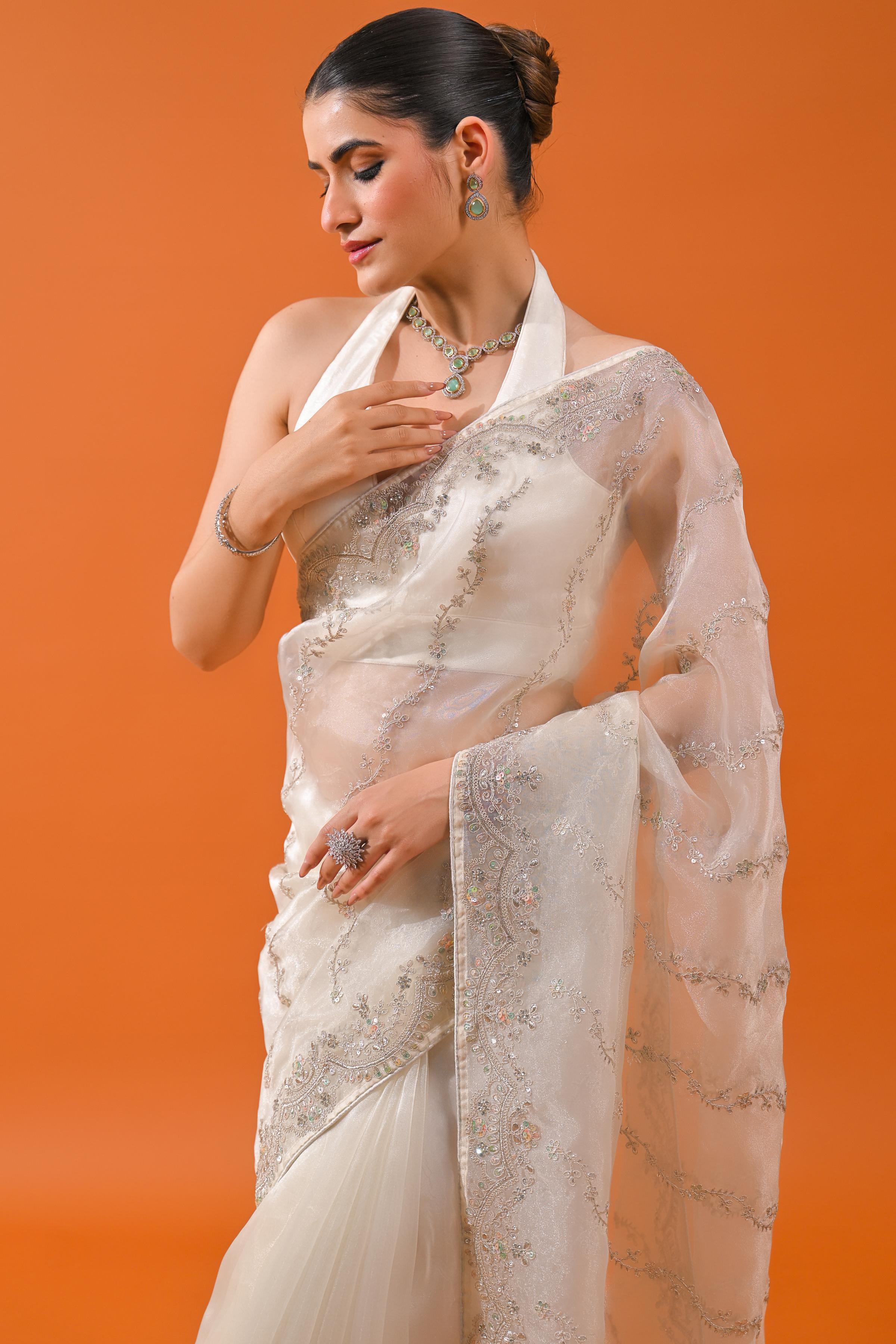 Pearl White Net Organza Tissue Silk Saree