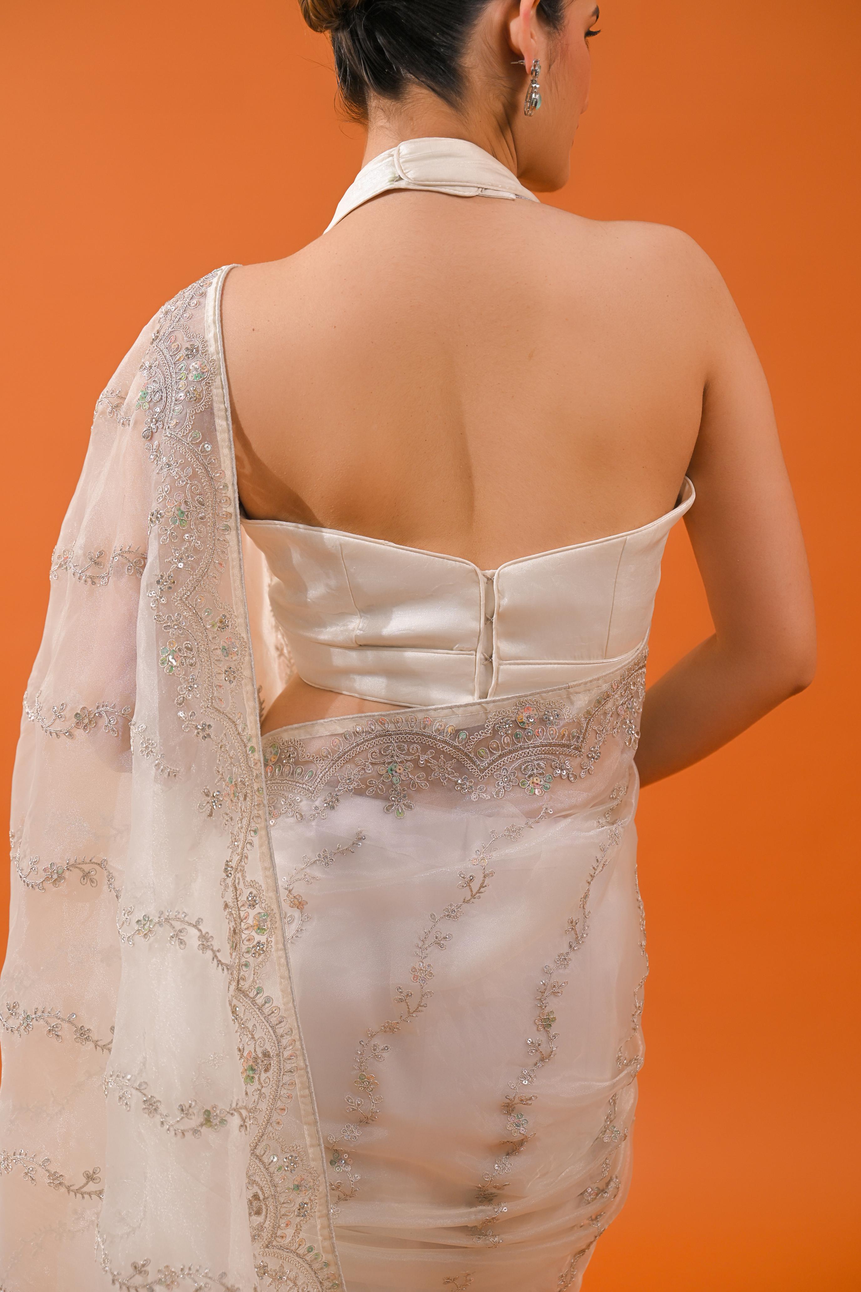 Pearl White Net Organza Tissue Silk Saree