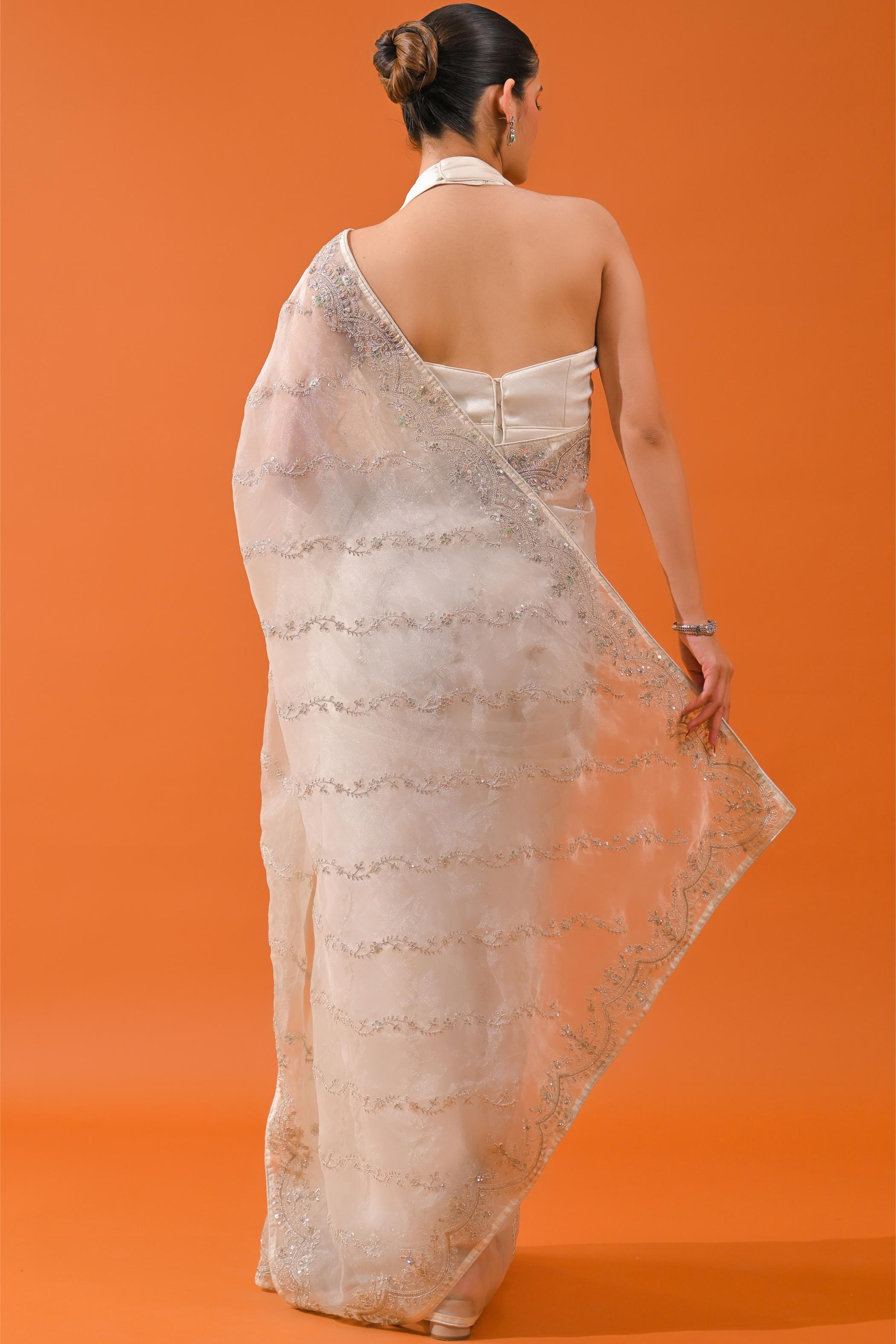 Pearl White Net Organza Tissue Silk Saree