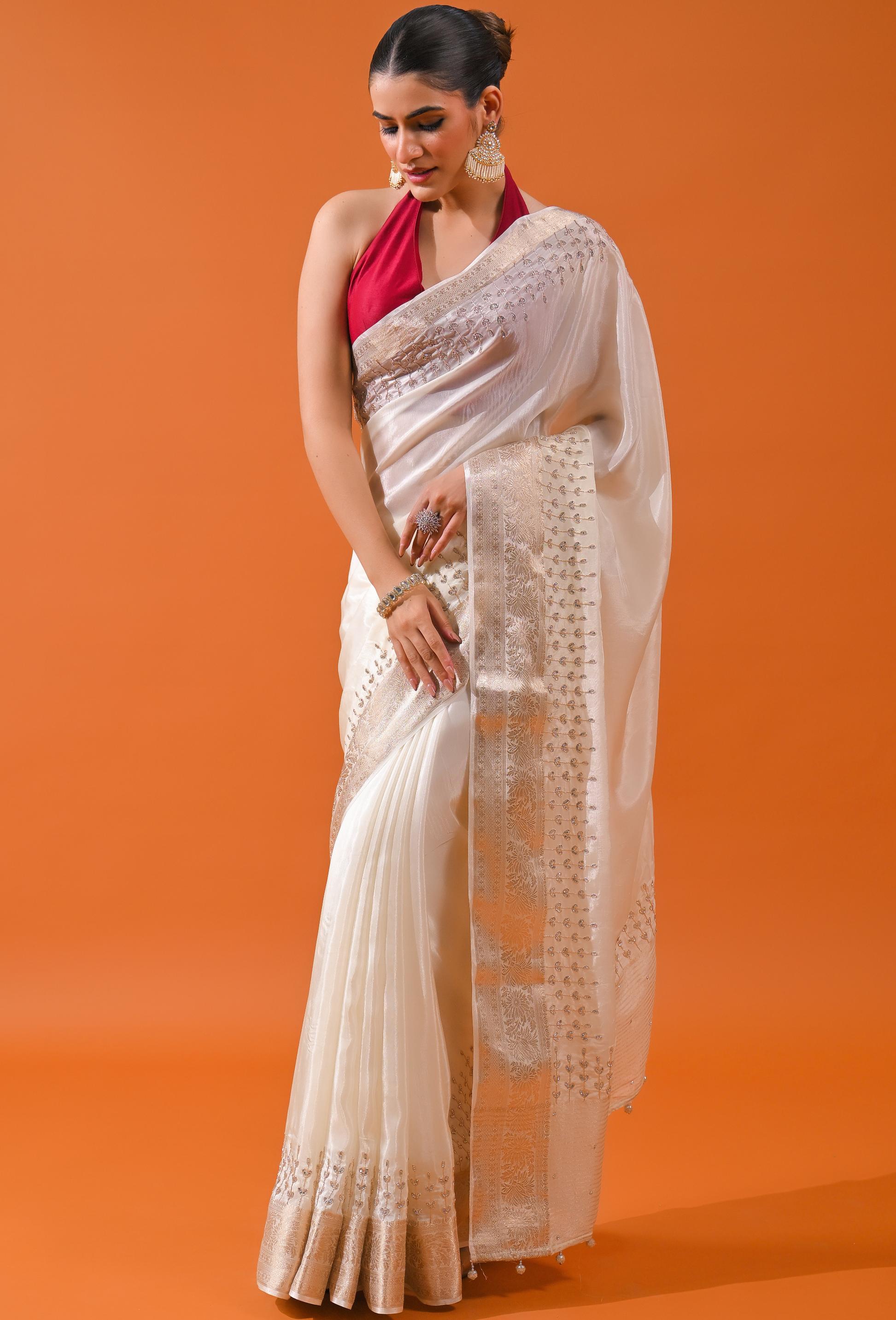 Ivory Embellished Cosmo Silk Saree