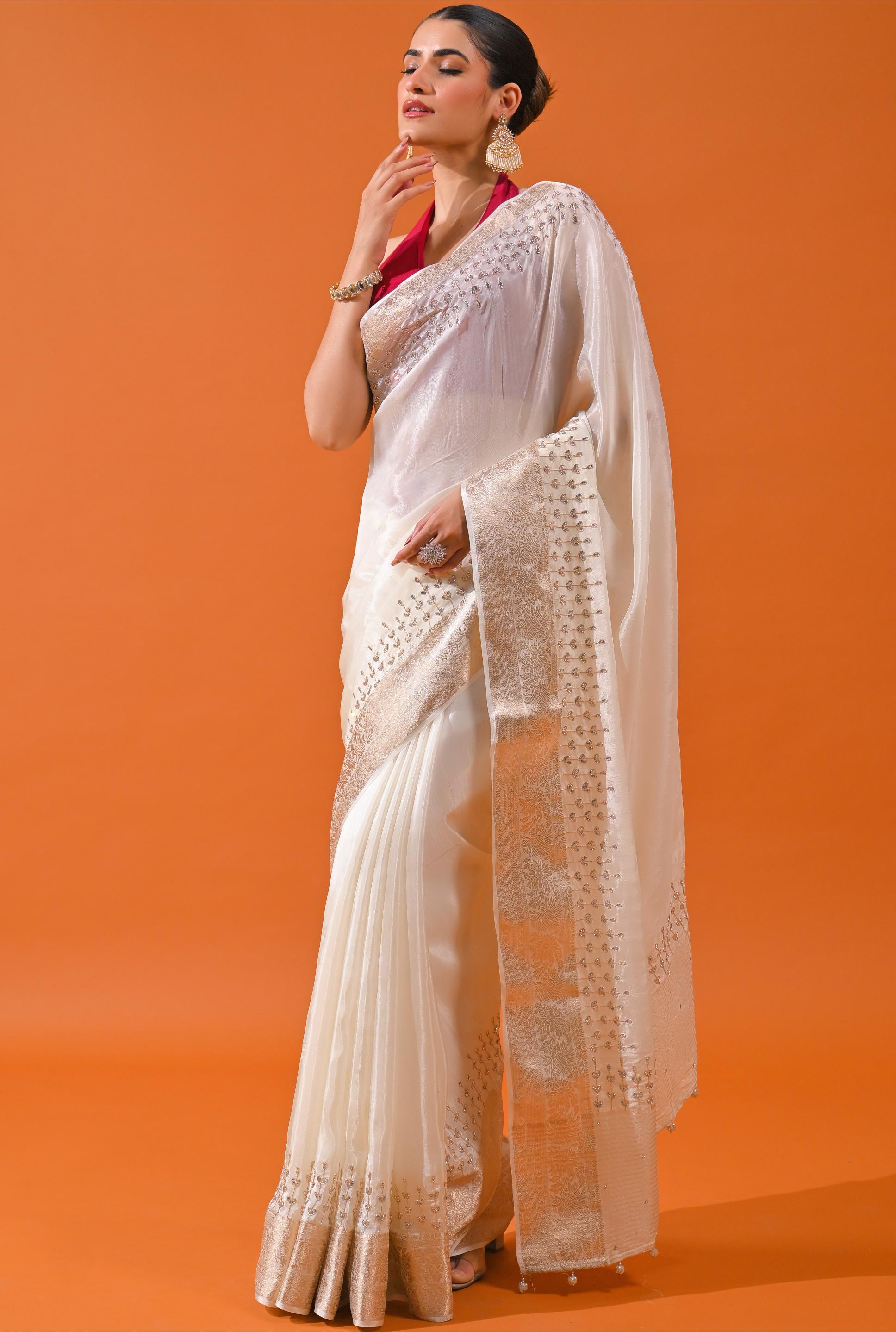 Ivory Embellished Cosmo Silk Saree