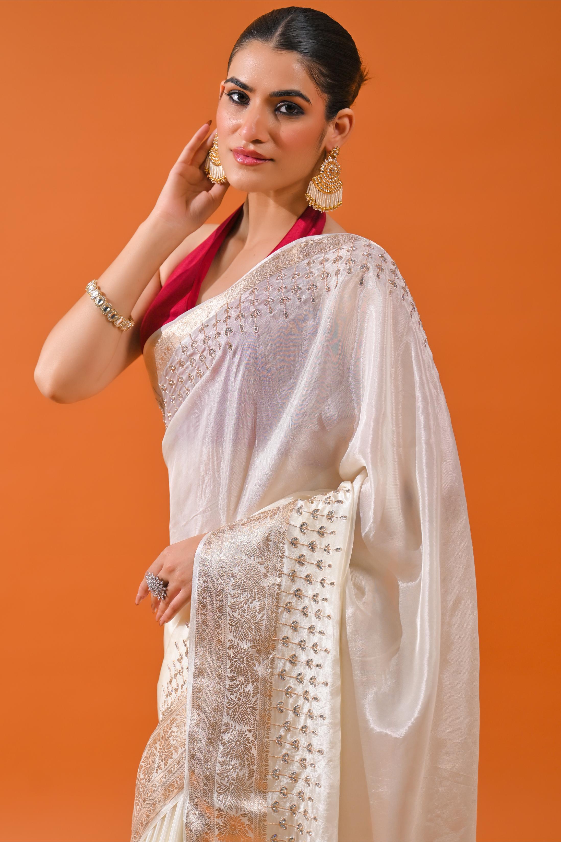 Ivory Embellished Cosmo Silk Saree