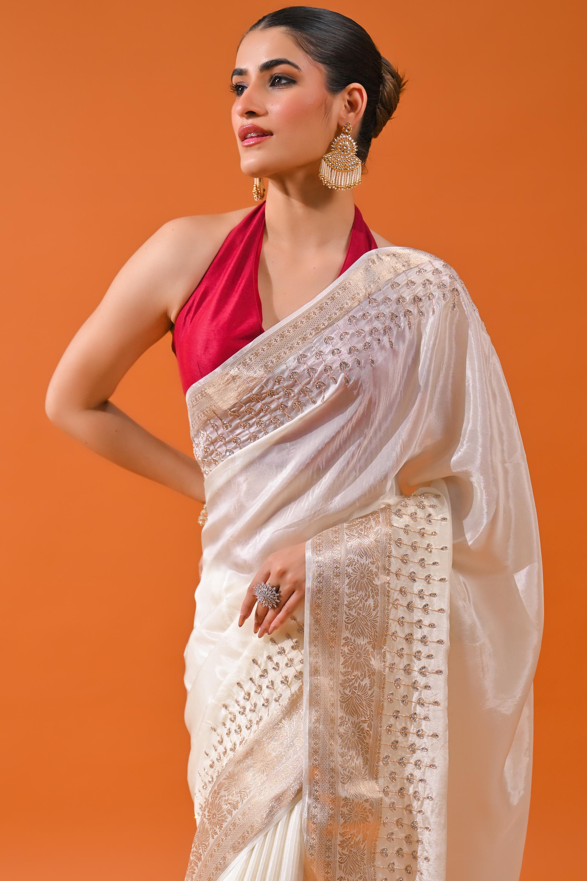 Ivory Embellished Cosmo Silk Saree