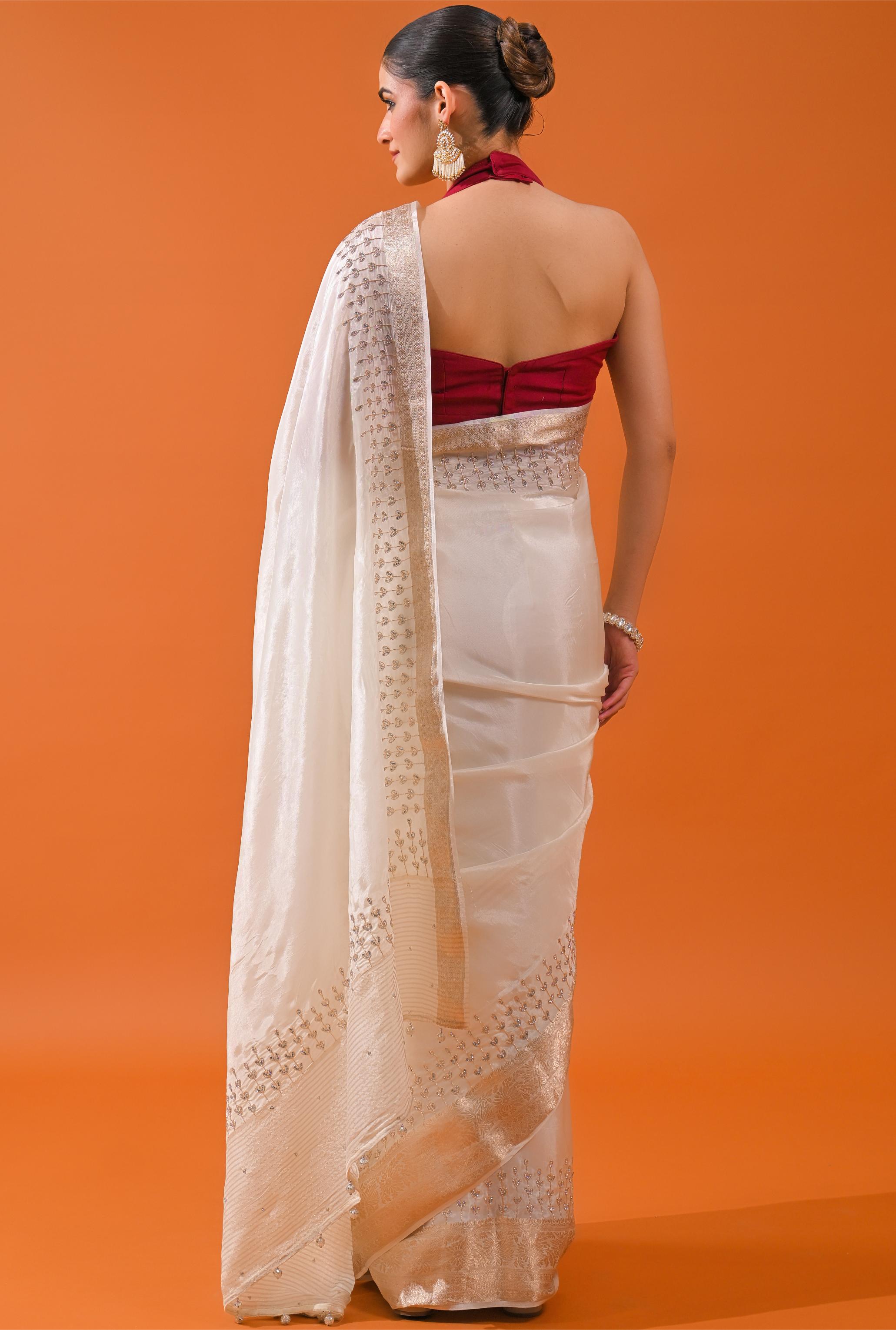 Ivory Embellished Cosmo Silk Saree