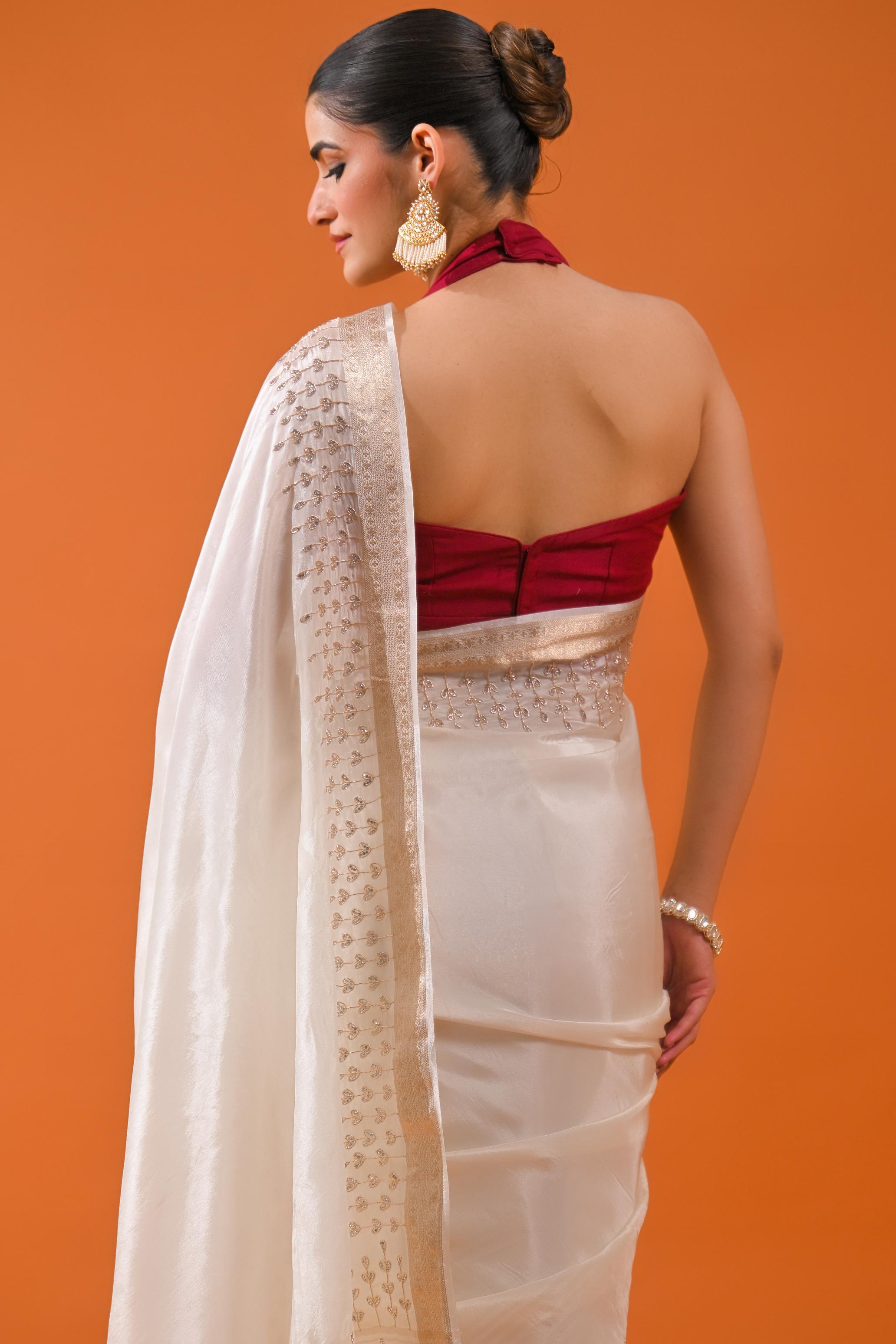 Ivory Embellished Cosmo Silk Saree
