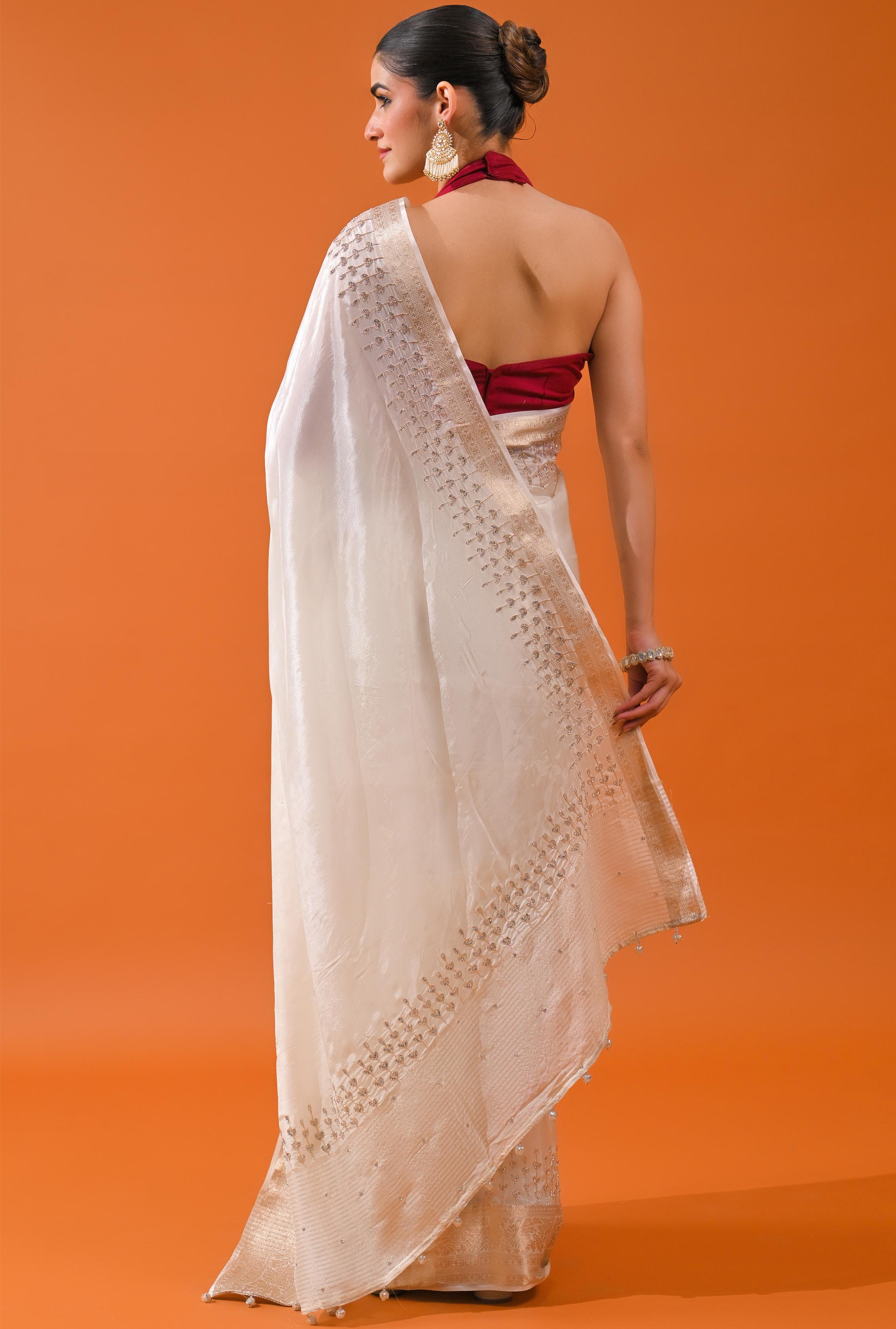 Ivory Embellished Cosmo Silk Saree