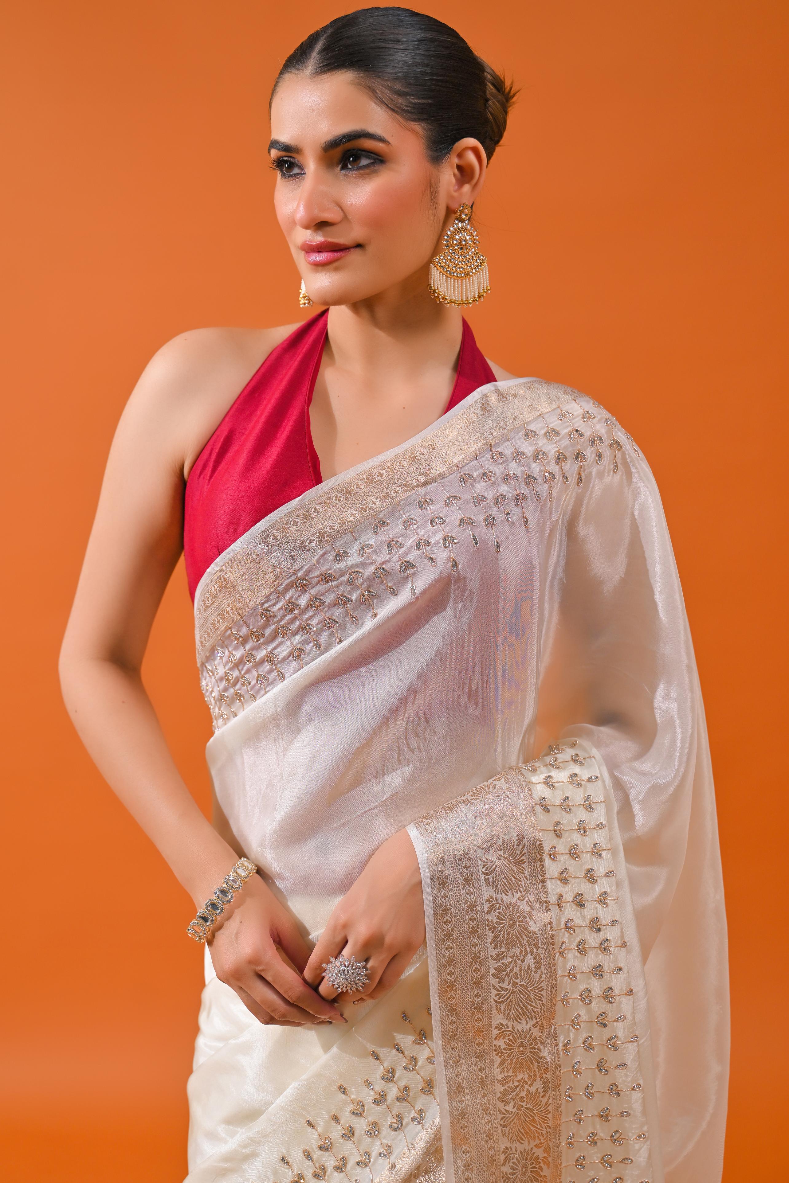 Ivory Embellished Cosmo Silk Saree
