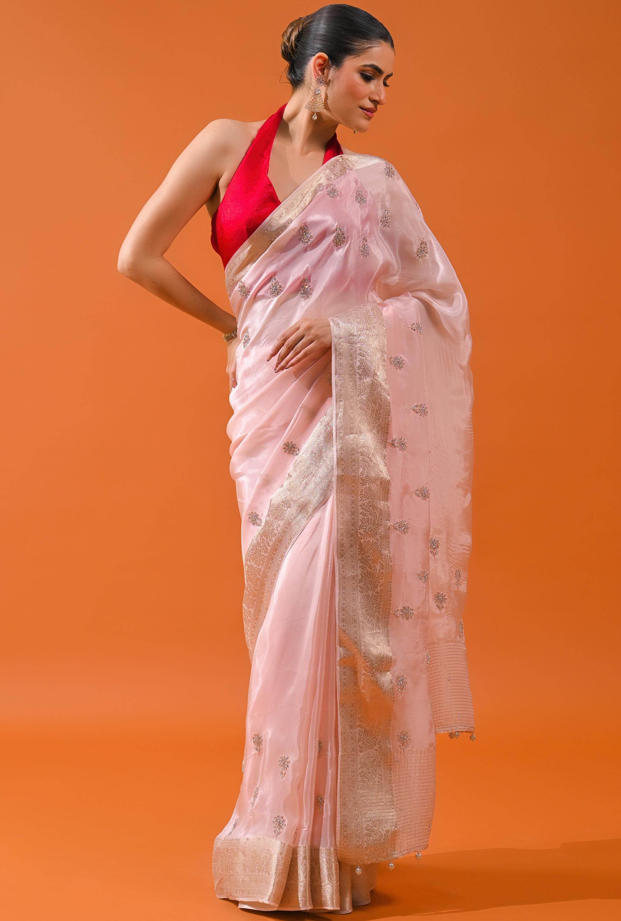Light Pink Embellished Cosmo Silk Saree