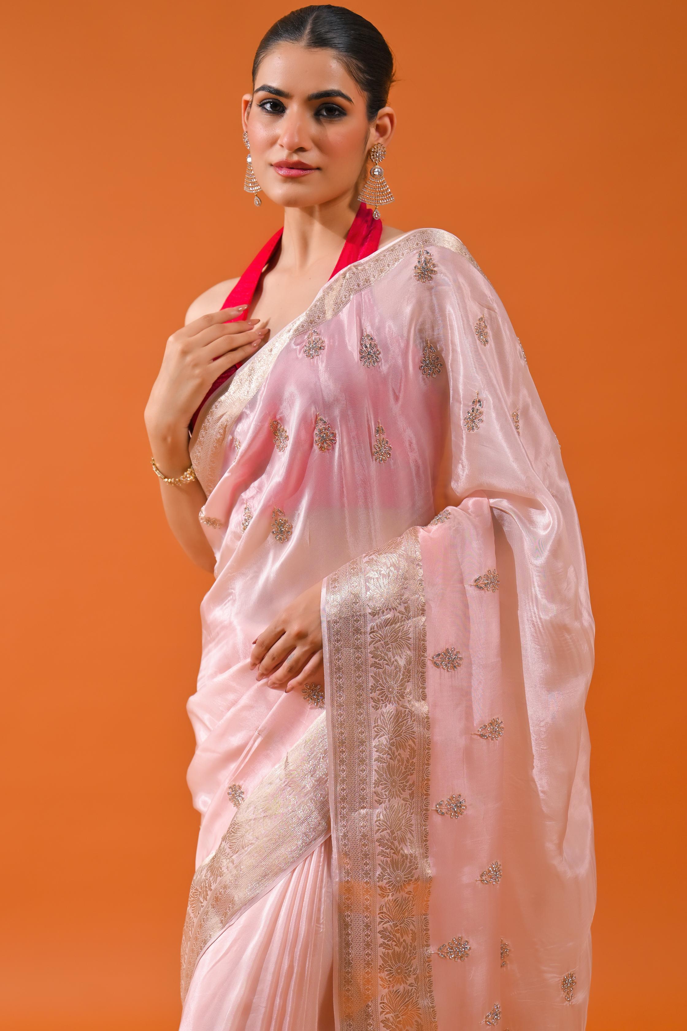 Light Pink Embellished Cosmo Silk Saree