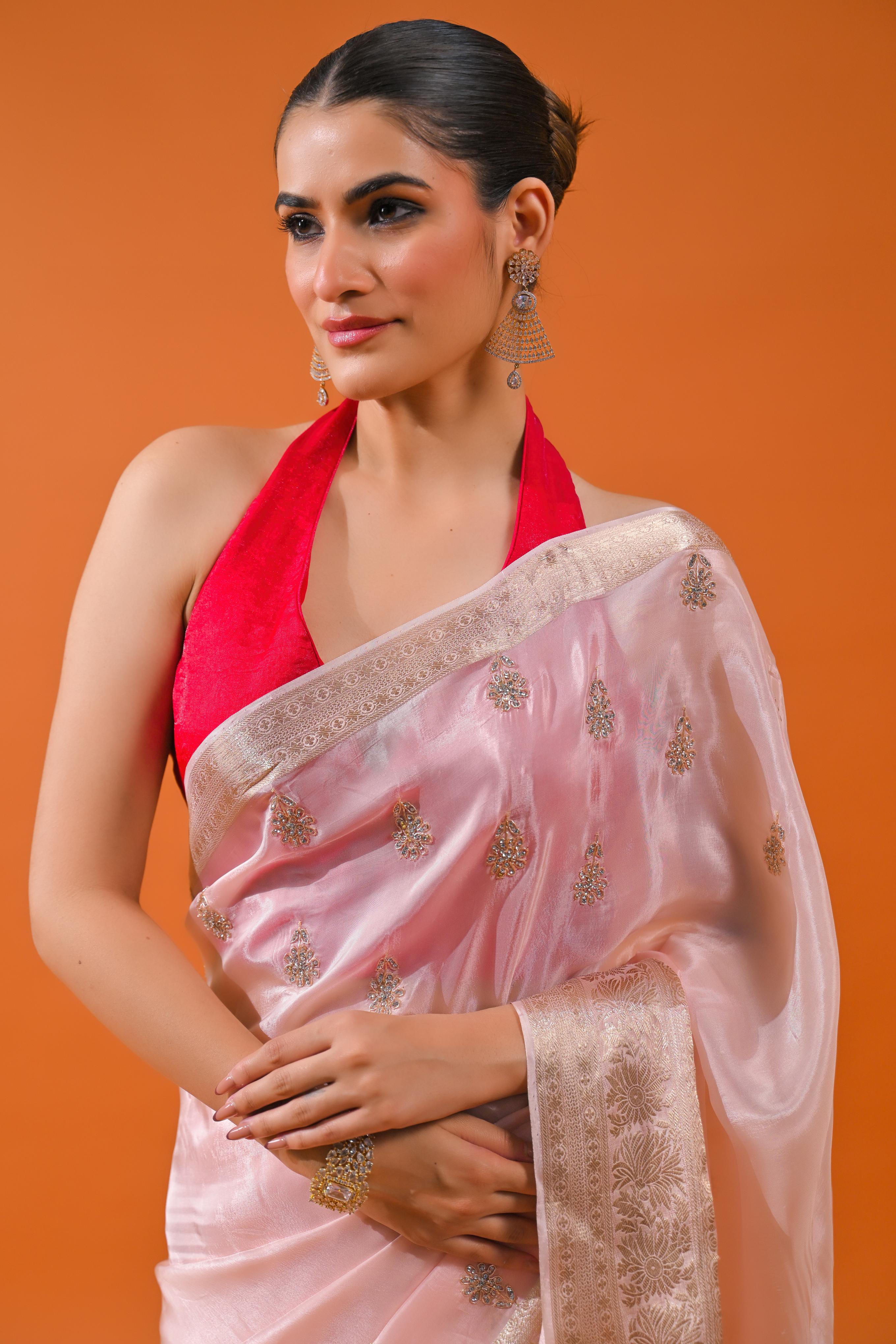 Light Pink Embellished Cosmo Silk Saree