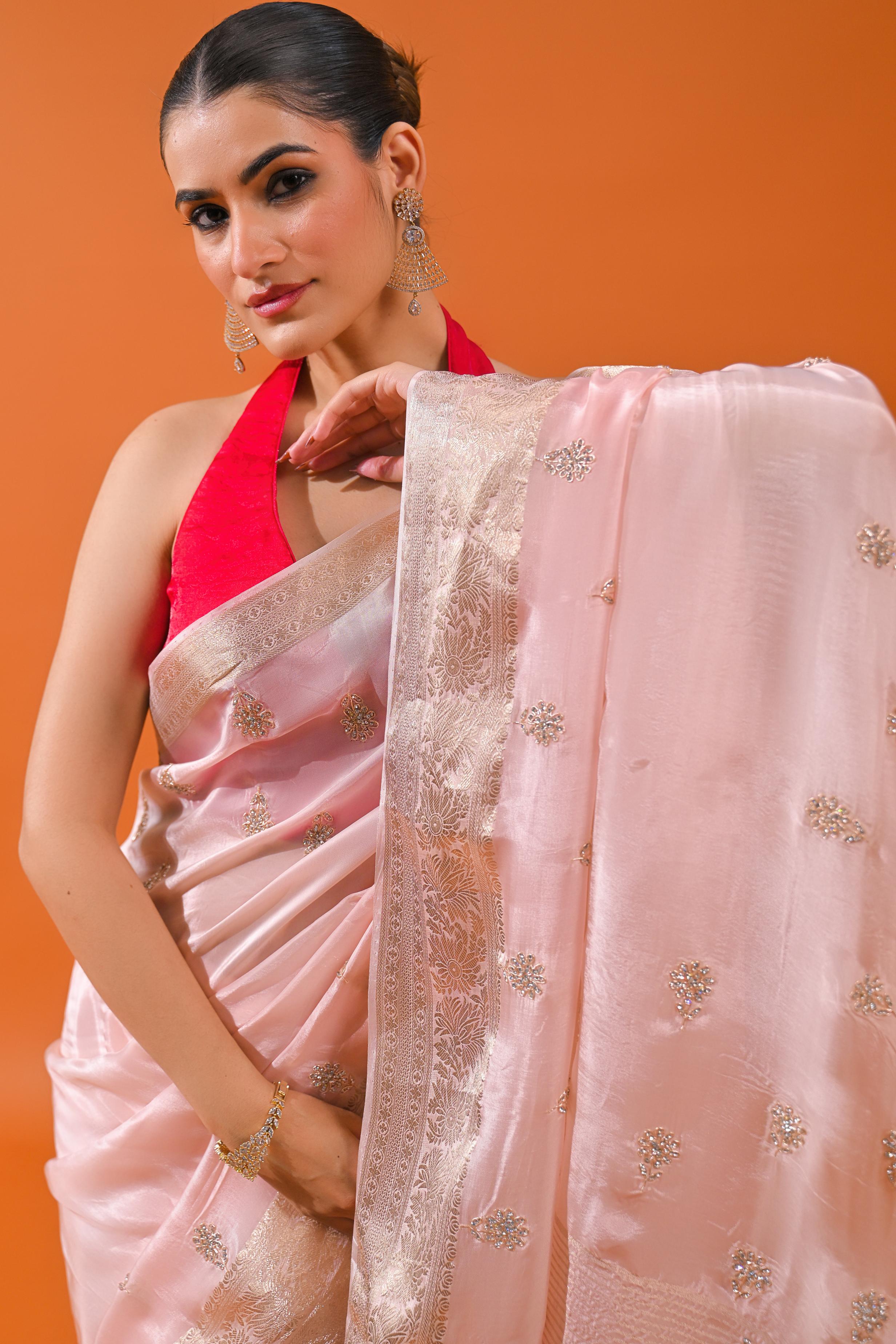 Light Pink Embellished Cosmo Silk Saree