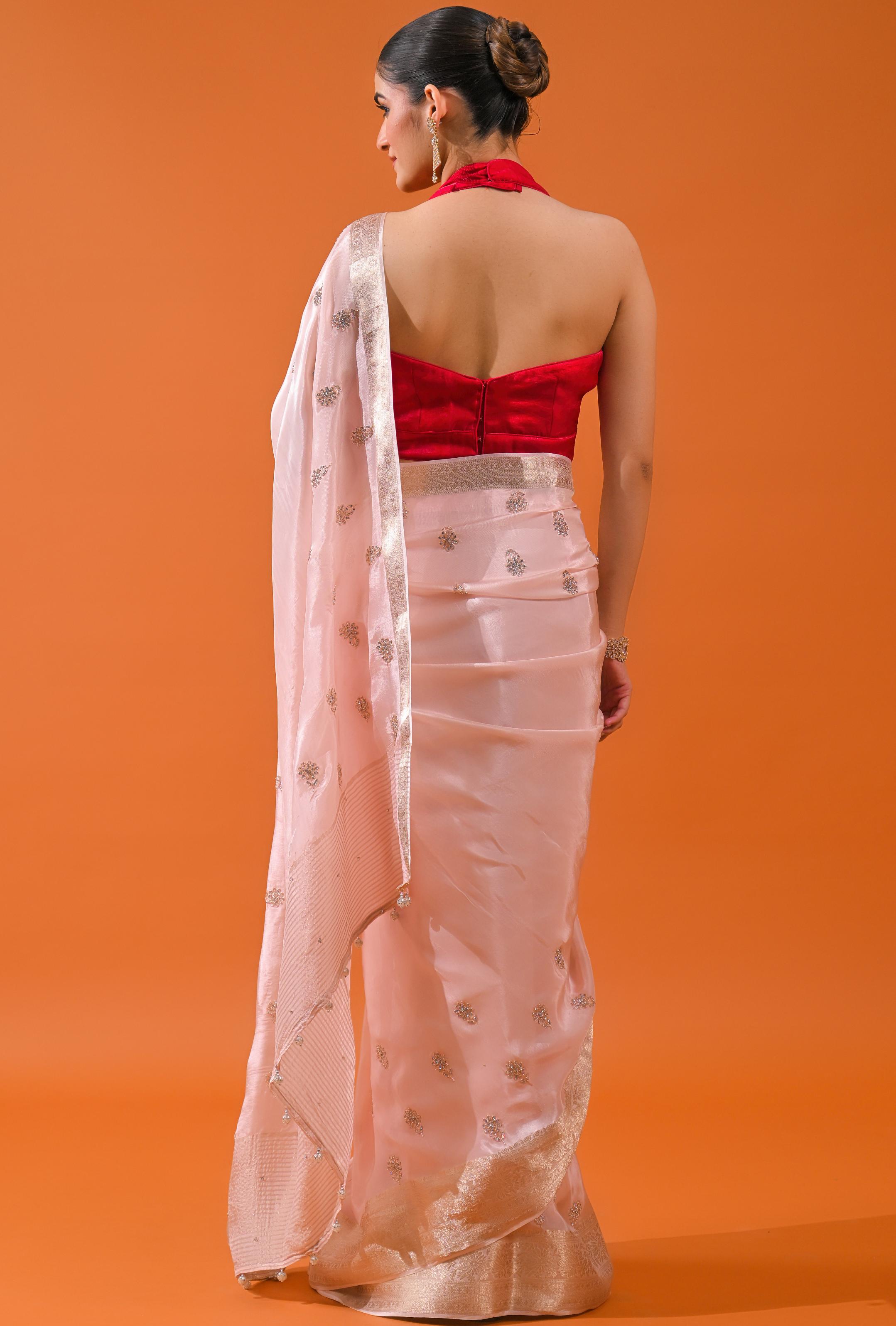 Light Pink Embellished Cosmo Silk Saree