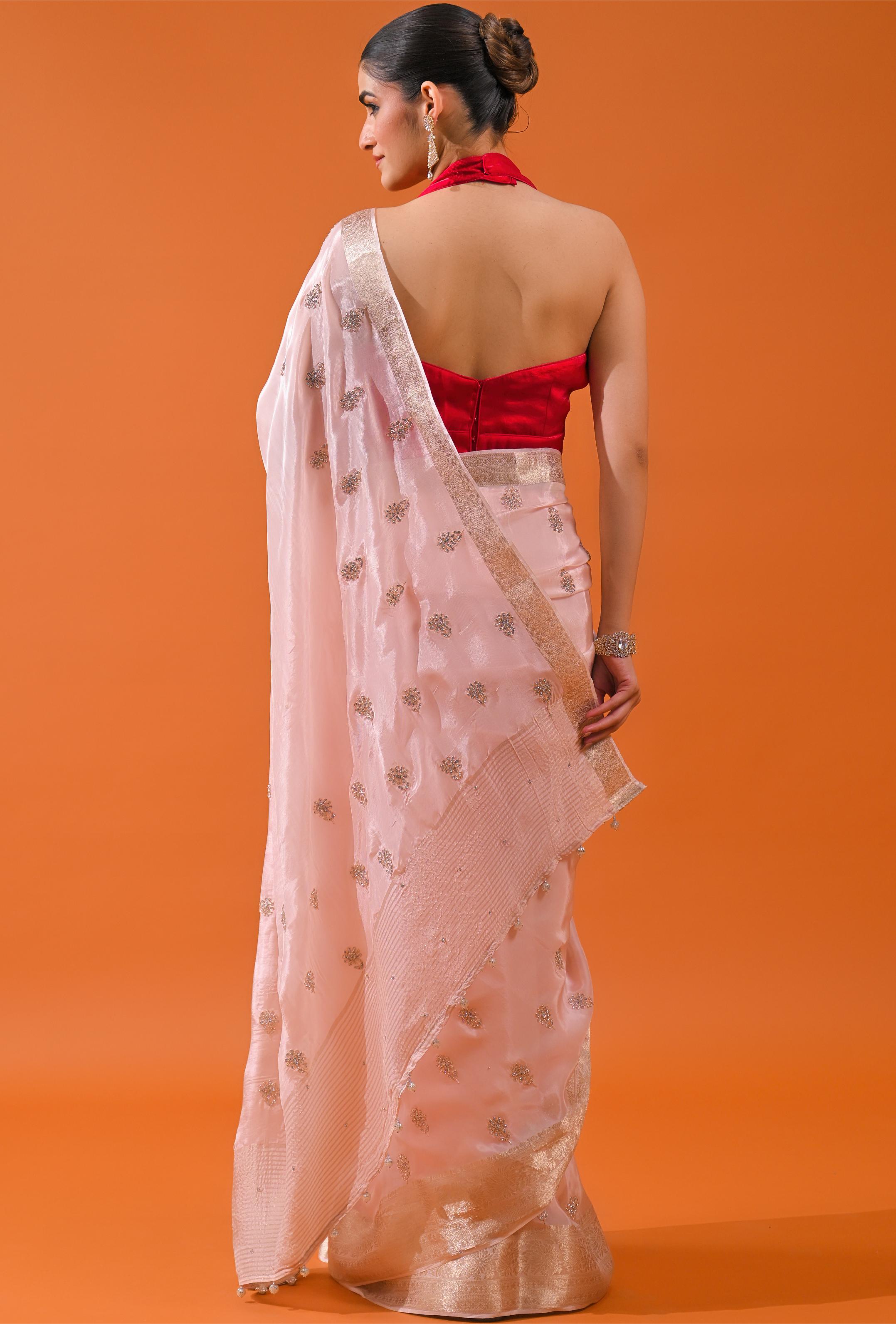 Light Pink Embellished Cosmo Silk Saree