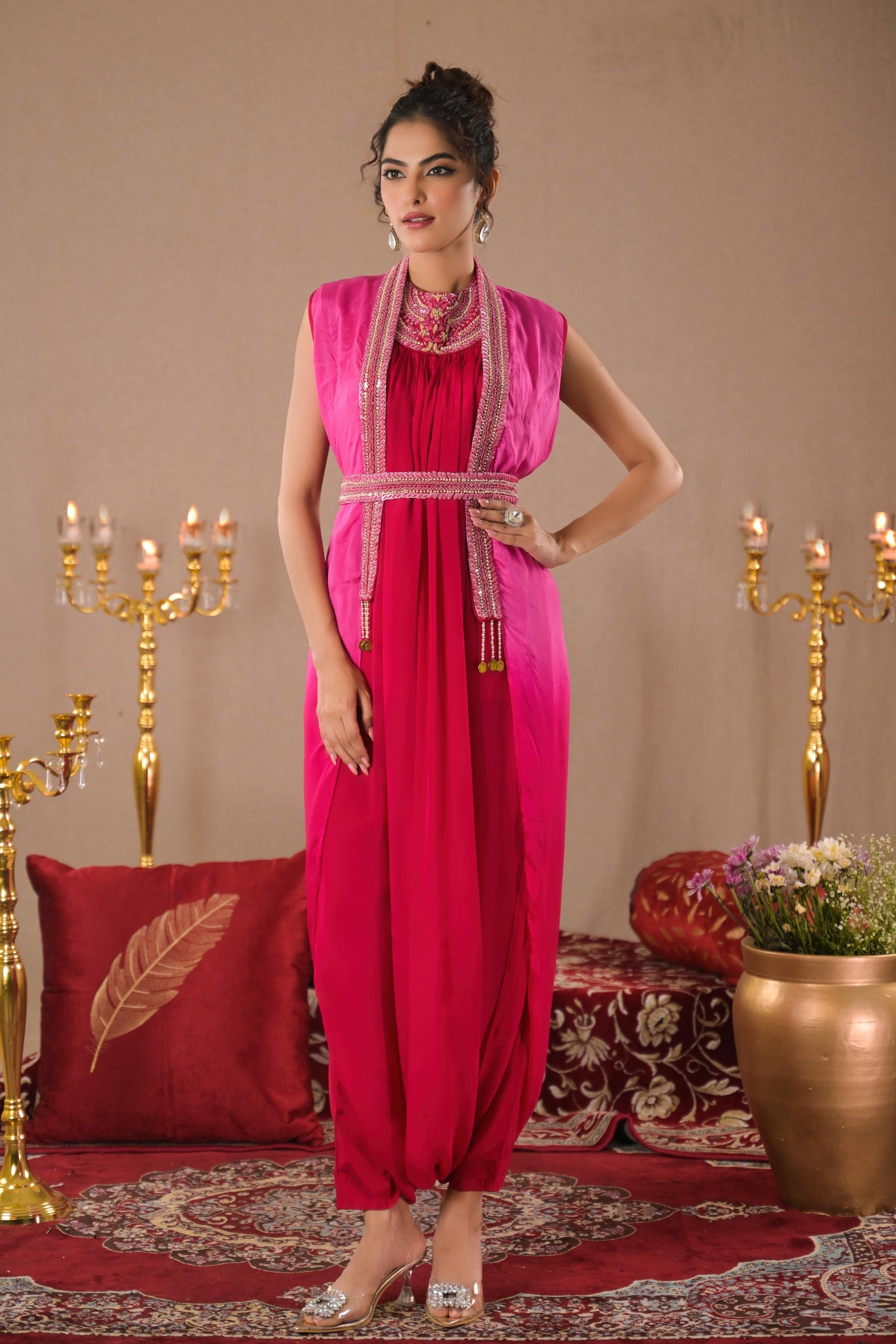 Pink Ombre Dyed Chinon Silk Dress With Pants