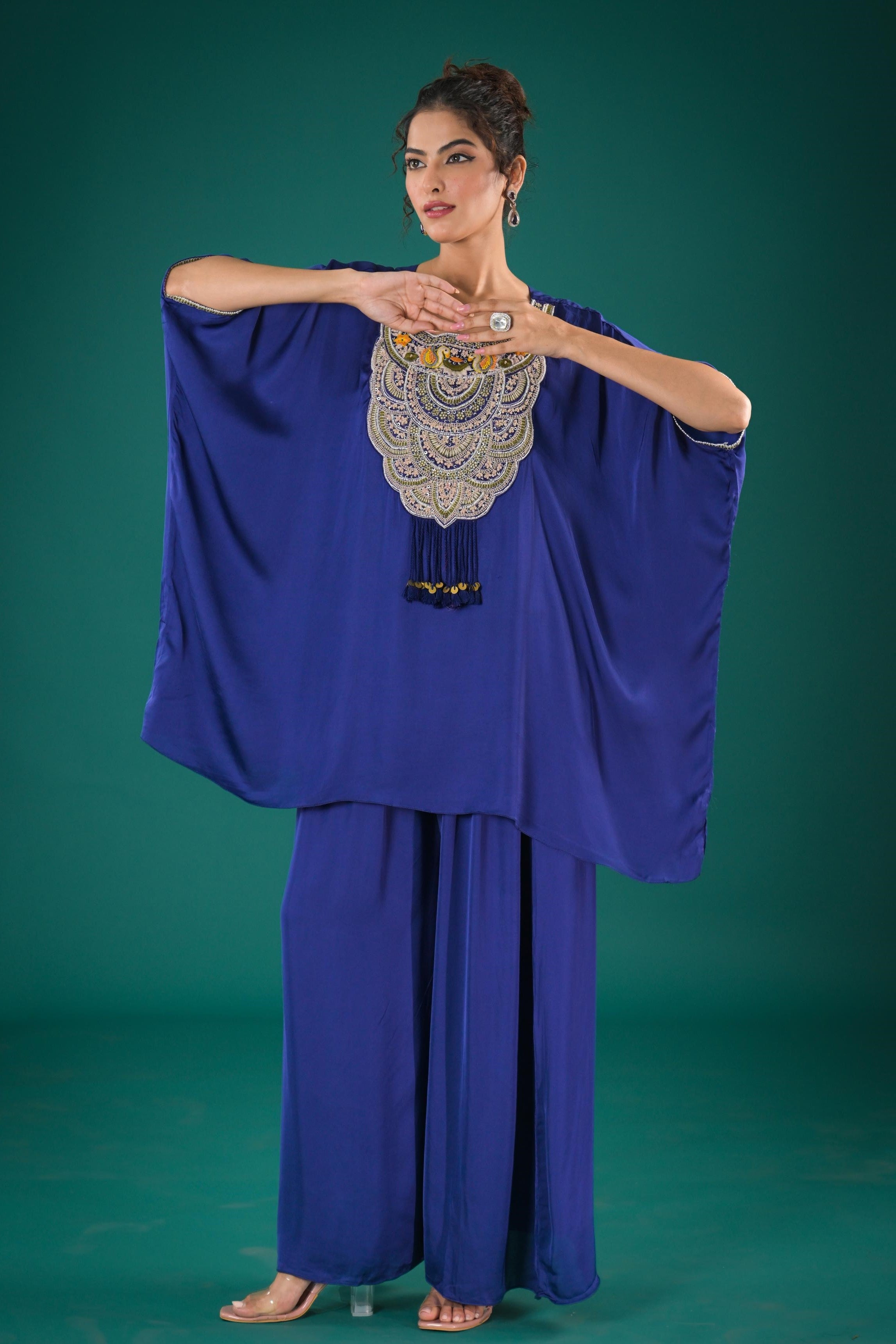 Purple Embroidered Satin Silk Kaftan Set