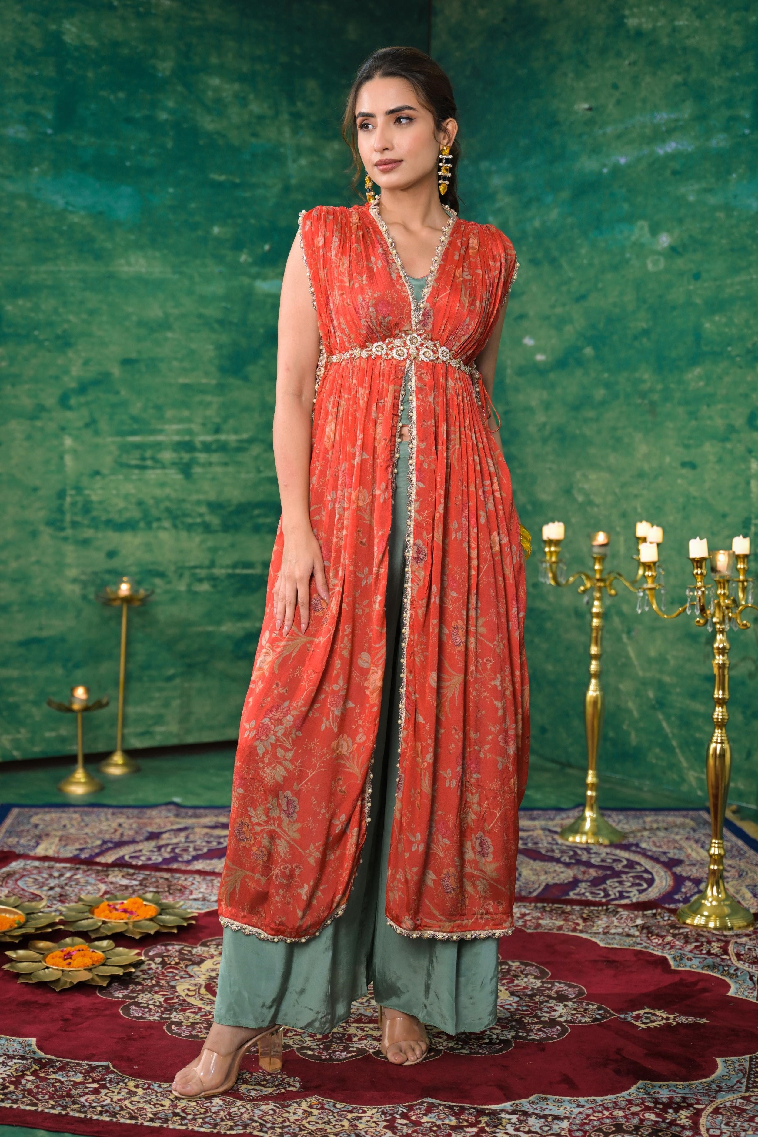 Bright Orange Printed Chinon Silk Kaftan Set