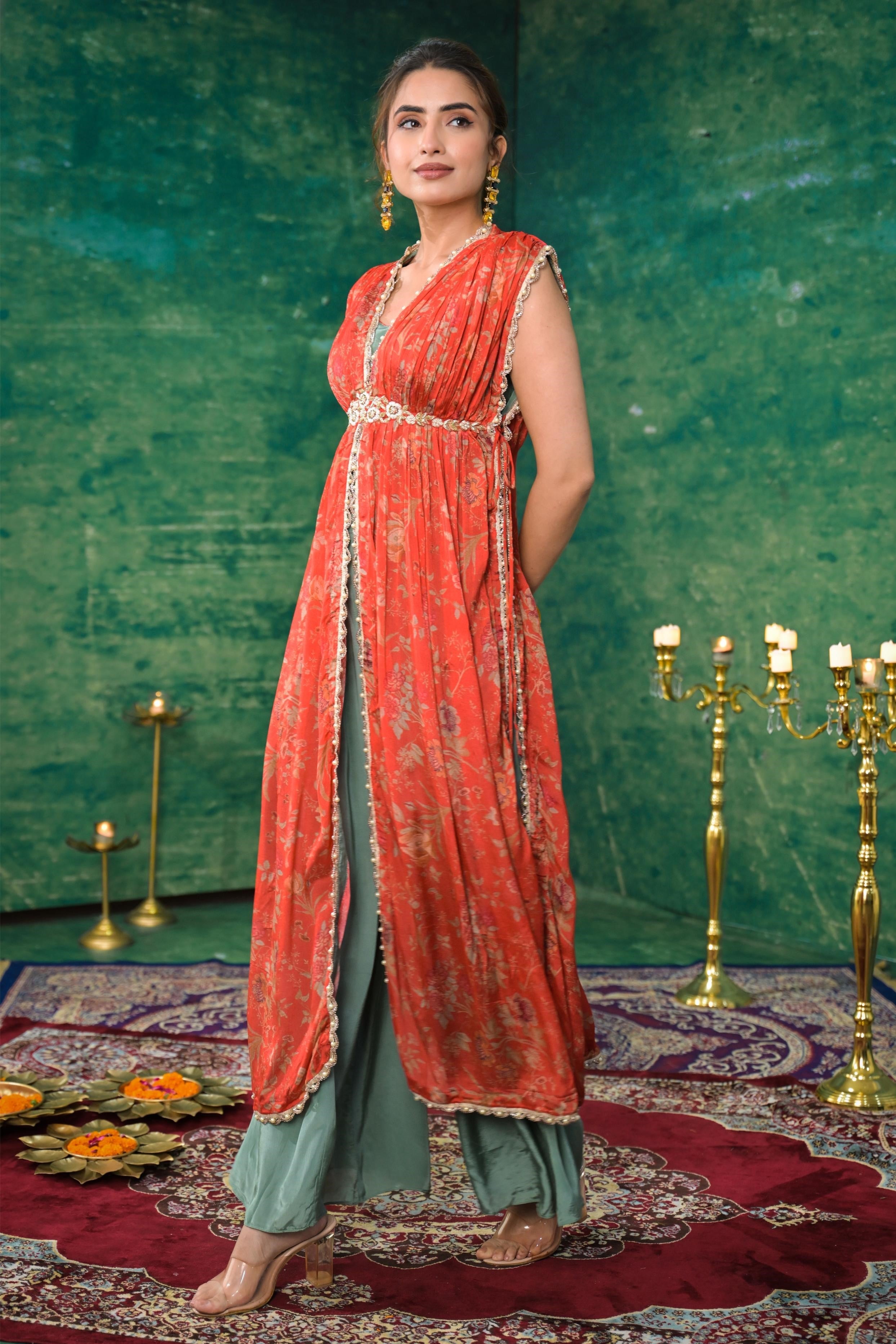 Bright Orange Printed Chinon Silk Kaftan Set