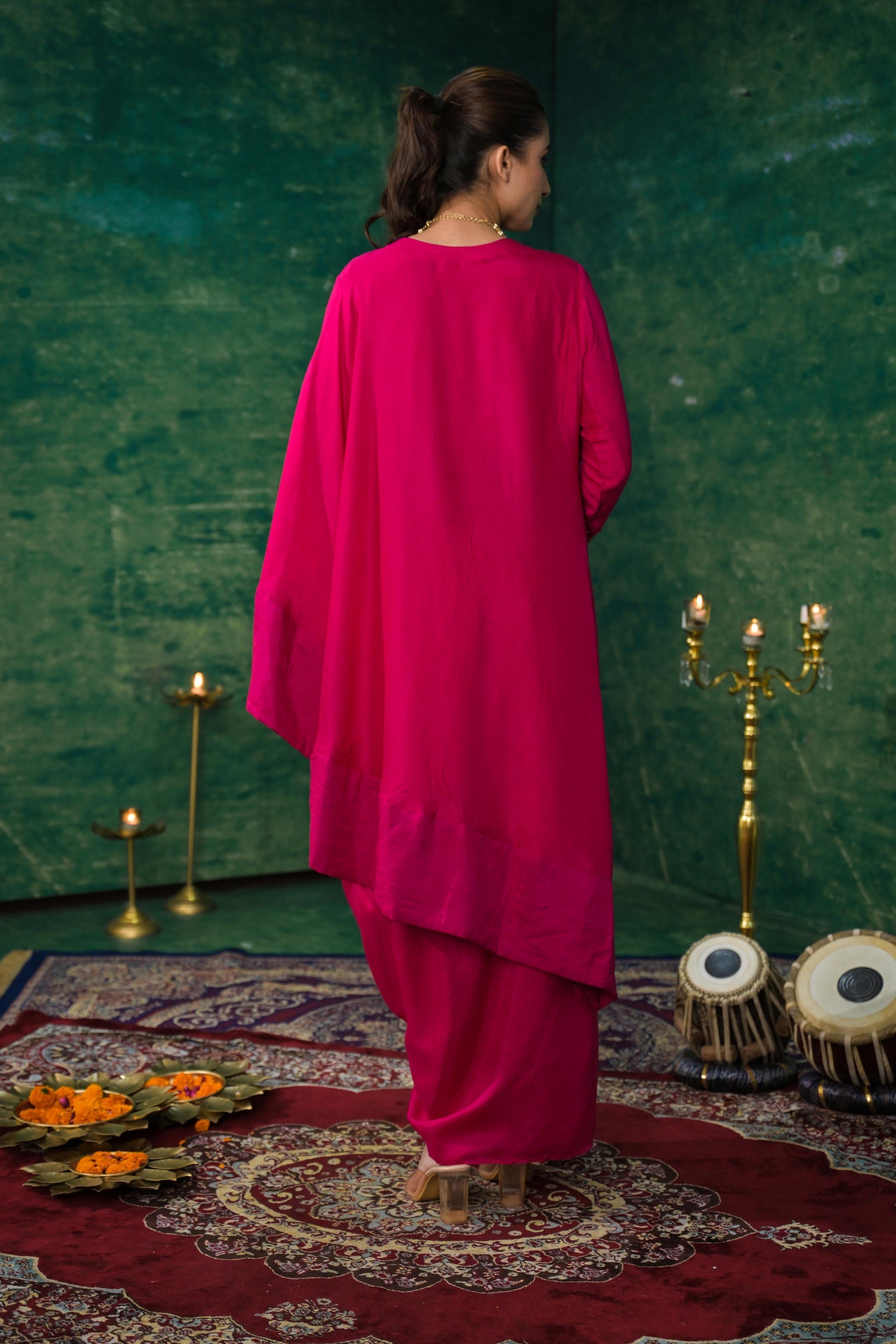 Rani Pink Embroidered Raw Silk Skirt Set