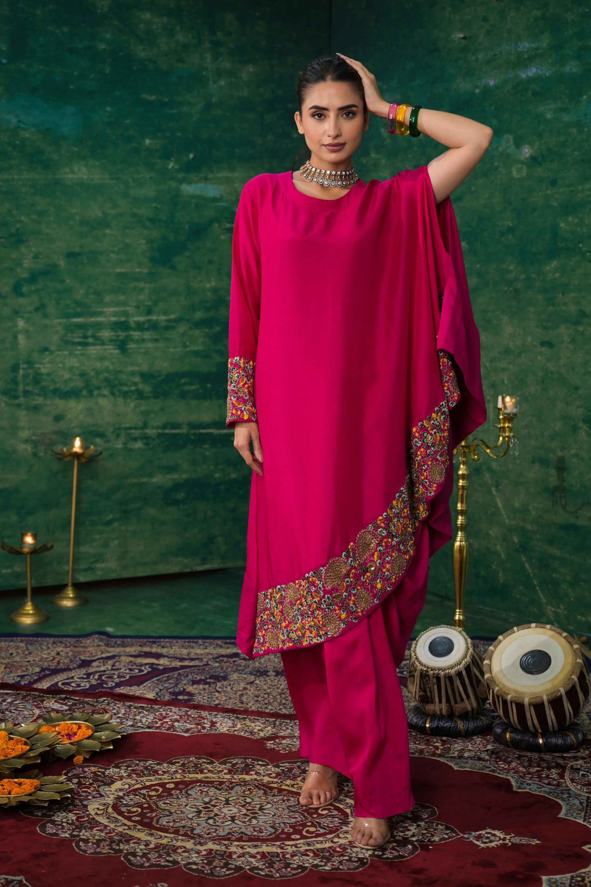 Rani Pink Embroidered Raw Silk Skirt Set
