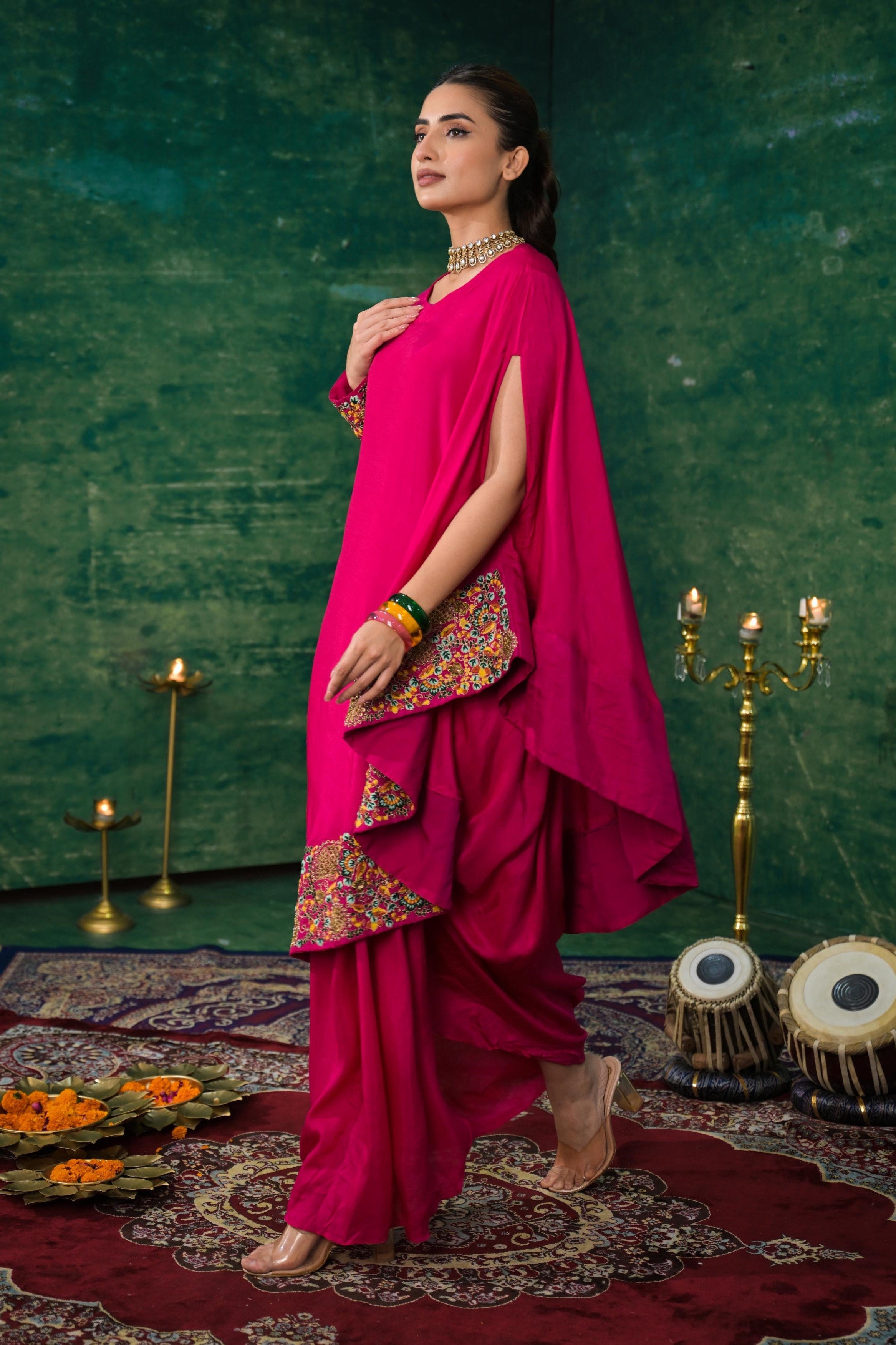 Rani Pink Embroidered Raw Silk Skirt Set