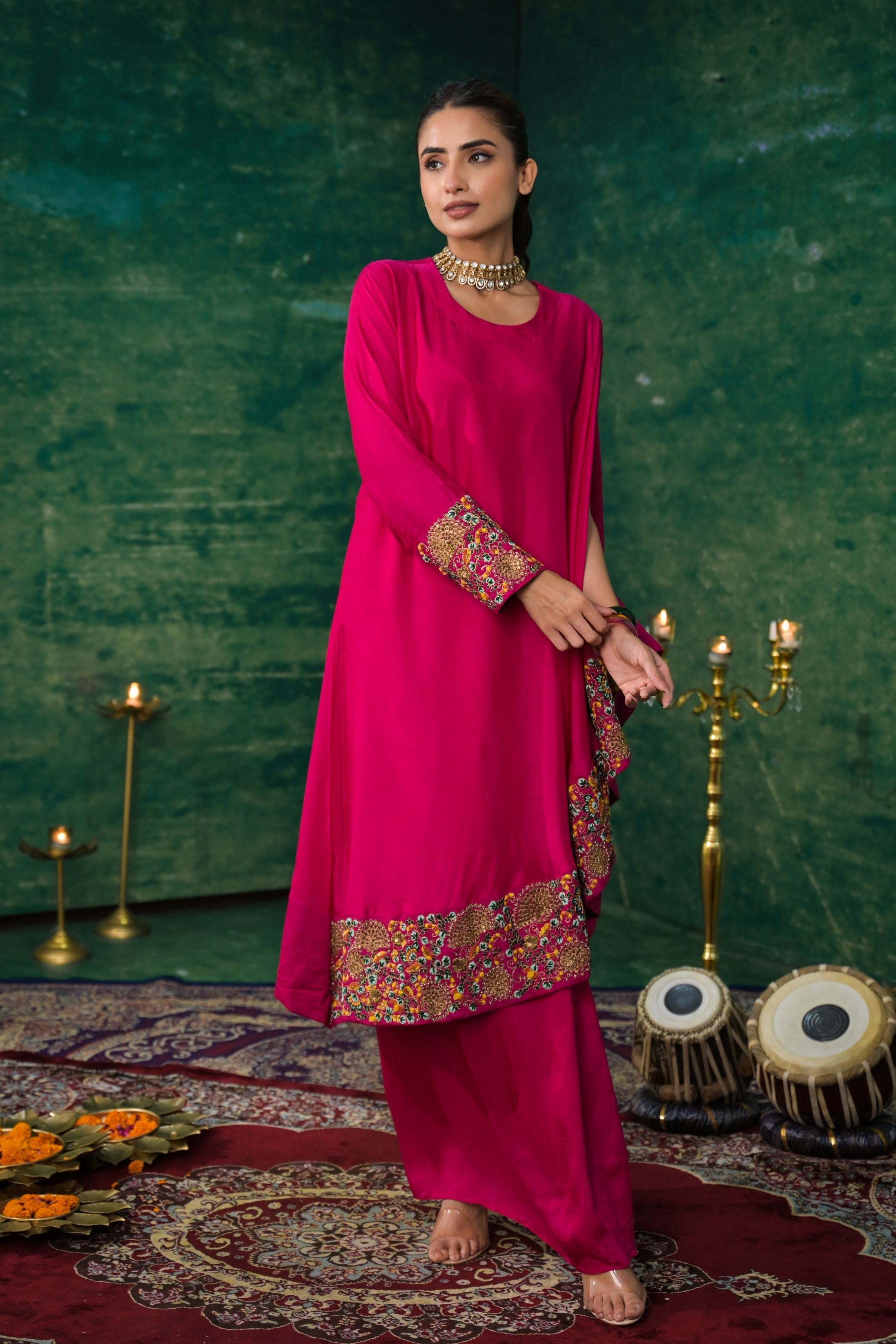 Rani Pink Embroidered Raw Silk Skirt Set